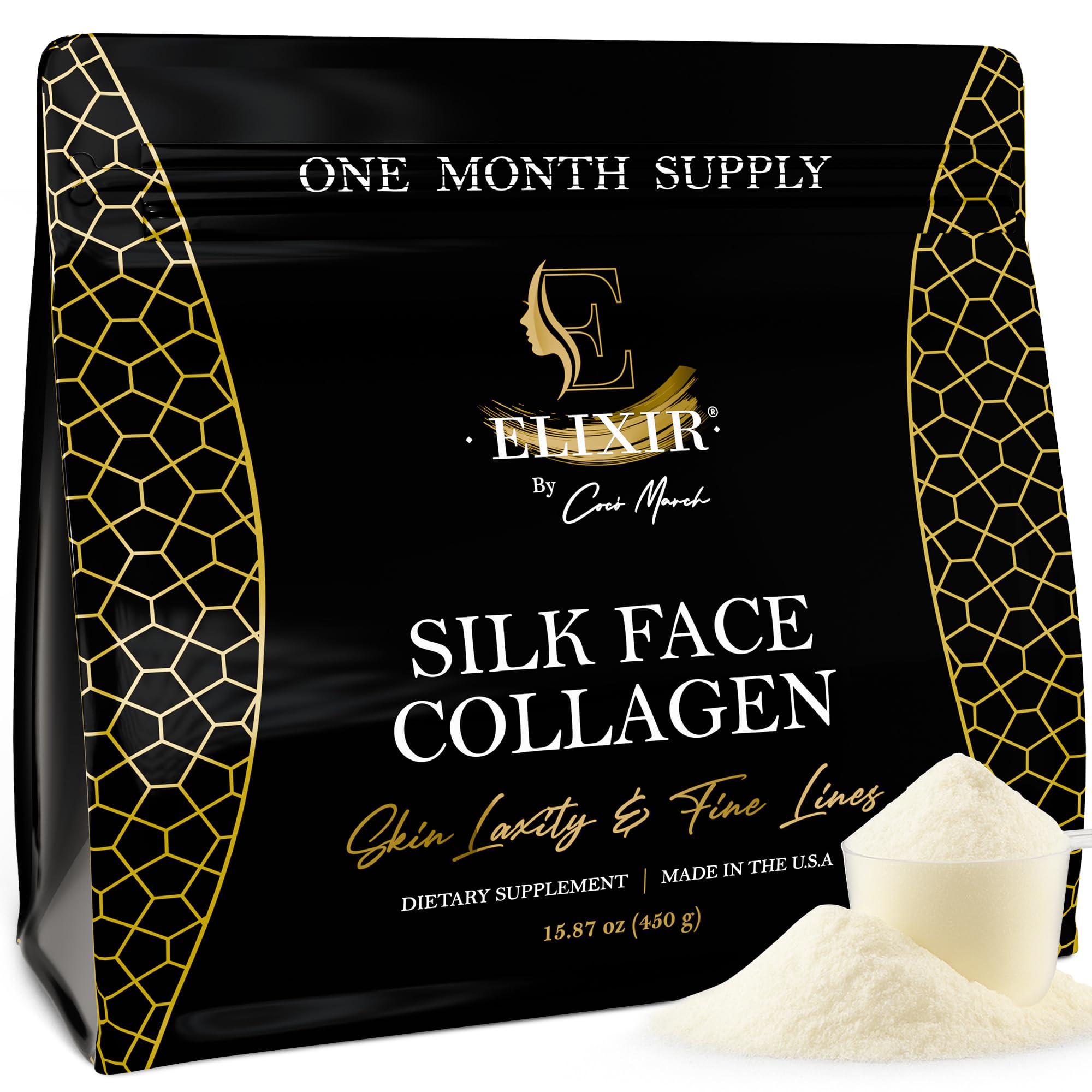 Silk Face Collagen–Silk Collagen for Face and Neck | Sericin-Activated Ultra Low Molecular Weight Collagen–Supports Skin Elasticity and Smooth Appearance–14g Protein–15.87 oz (450g)–Cocó March