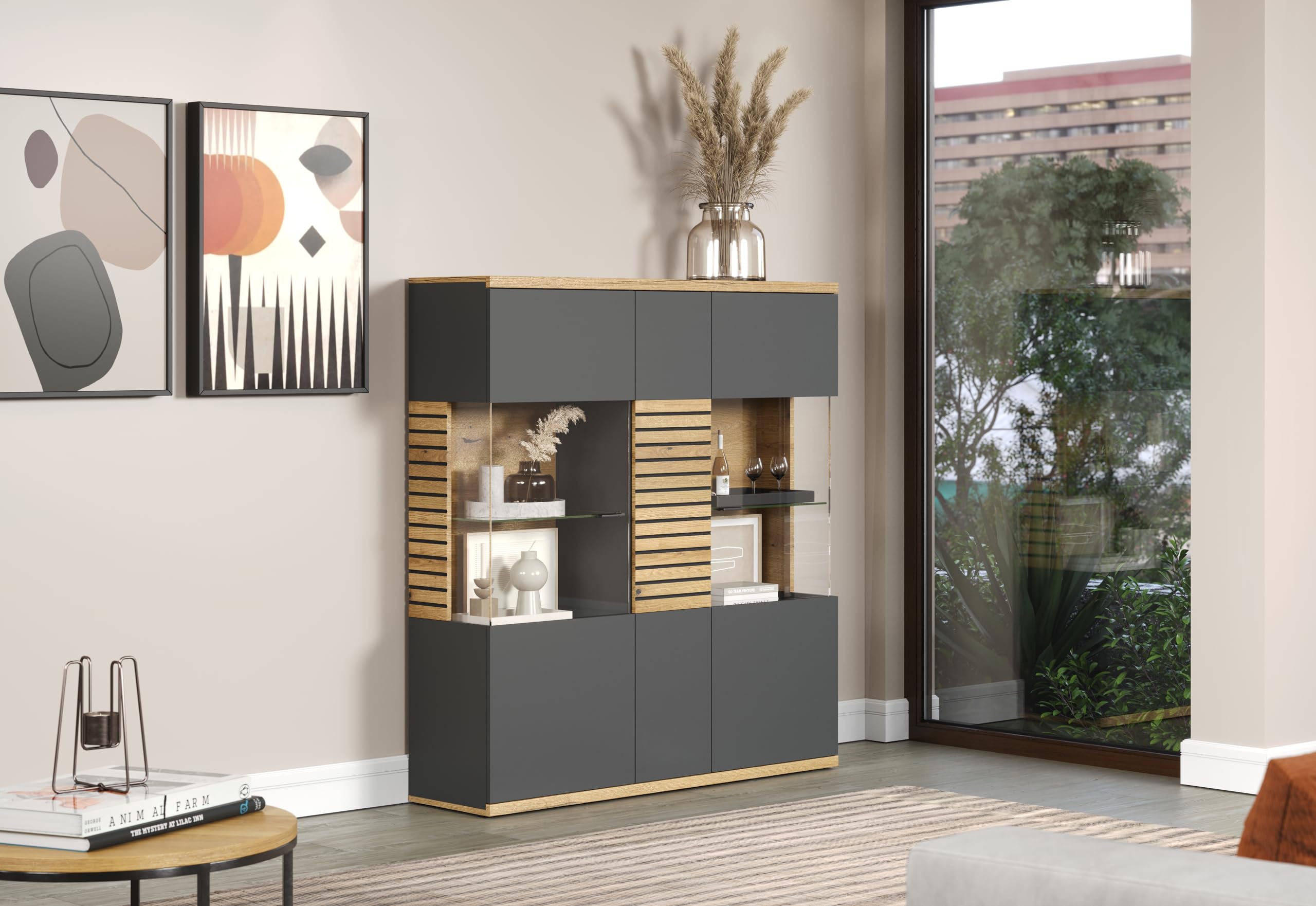 trendteam smart living - Norris - Vitrine - Anthrazit/Evoke Eiche - Highboard mit 15 Fächern - (BxHxT) 131 x 147 x 38 cm - Soft-Close-Türen und Vollauszug-Schubladen - kratzfest