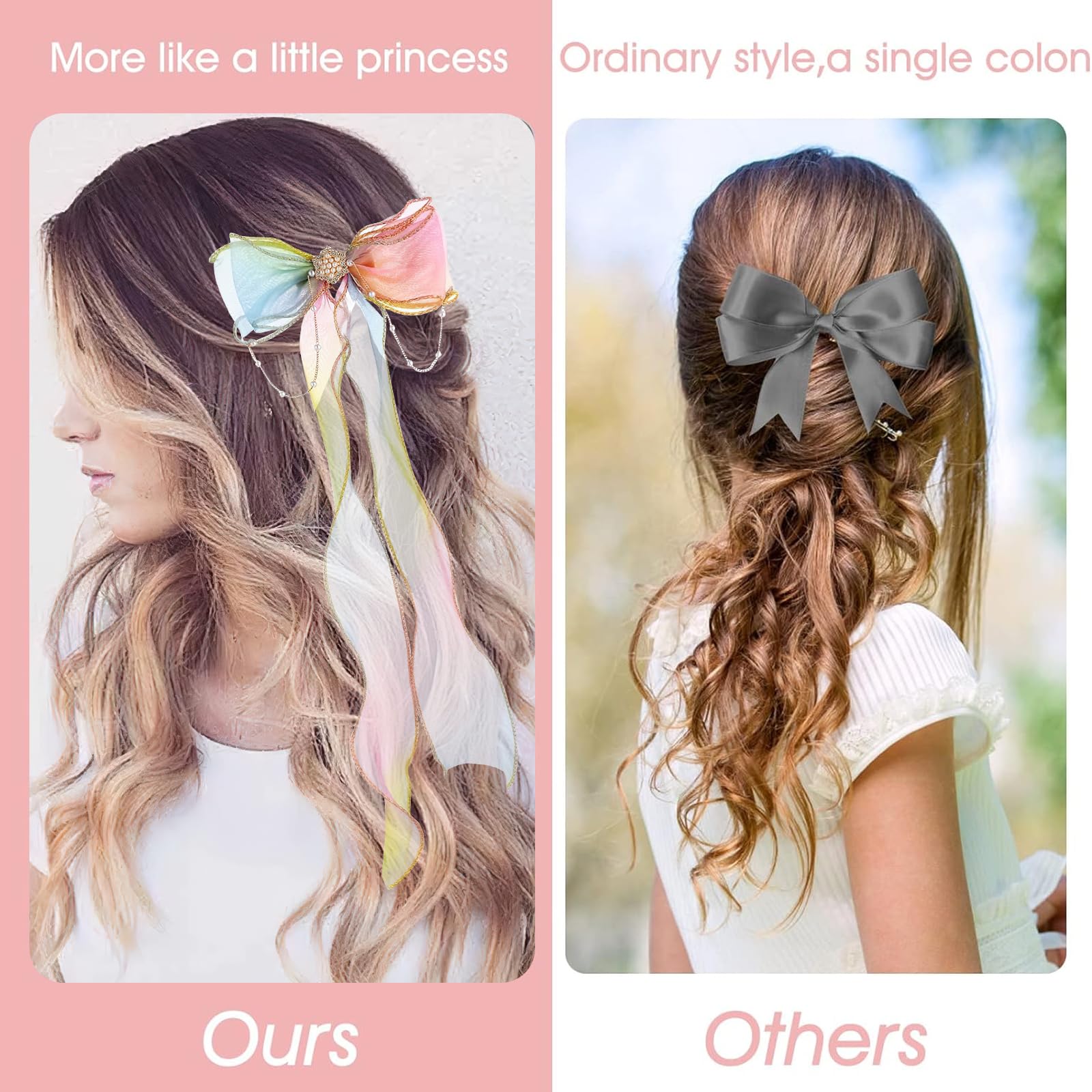 2 Pcs Colorful Ribbon Girls Hair Bows, Princess Ribbon Pearl Tassels Girls Hair Accessories, Big Hair Bows Clips Long Tail - Image 4