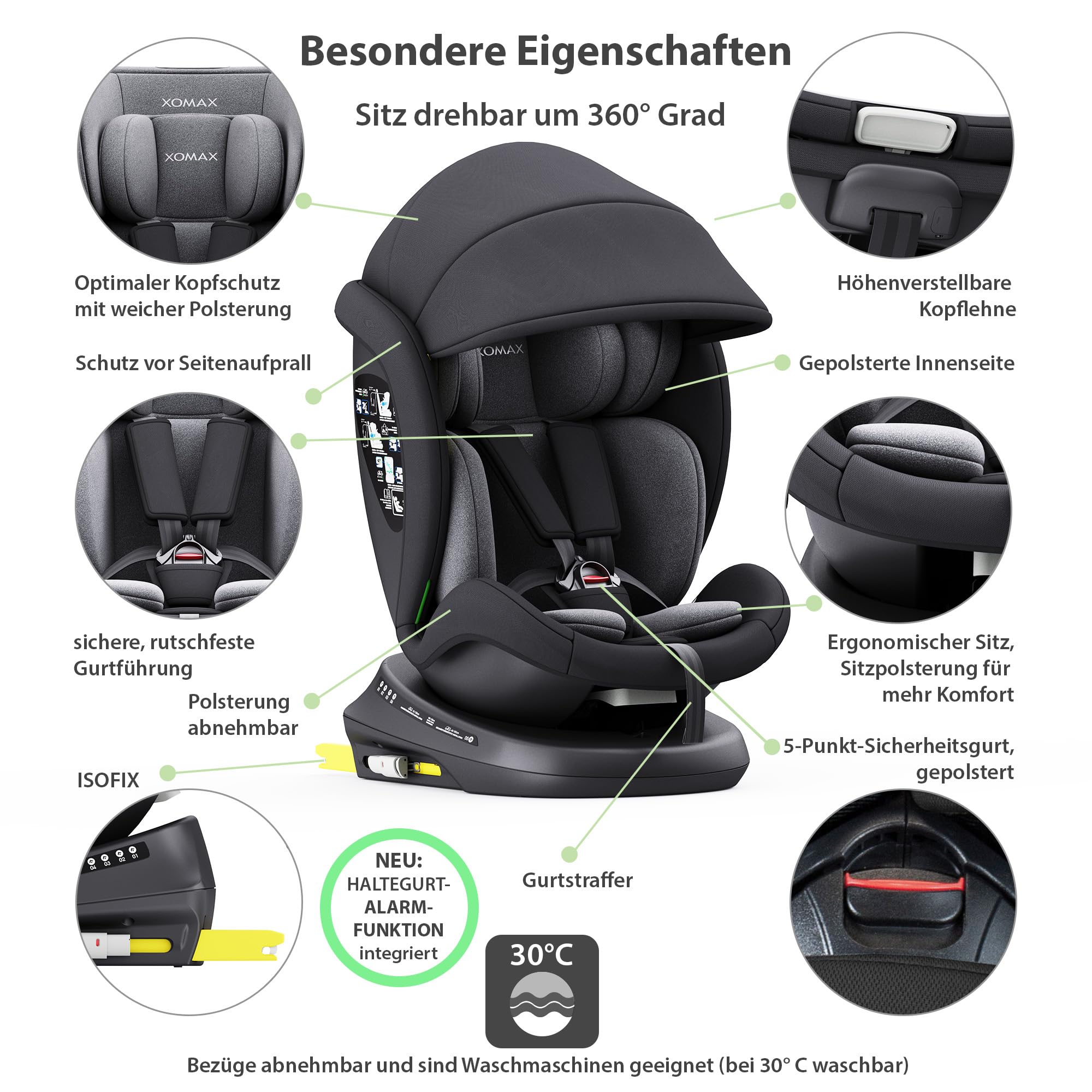 XOMAX 946i Asiento infantil giratorio 360° con ISOFIX, función reclinable I creciente I 0-36 kg, 0-12 años, grupo 0/1/2/3, arnés de 5 puntos y cinturón de 3 puntos, funda extraíble, lavable I ECE R129