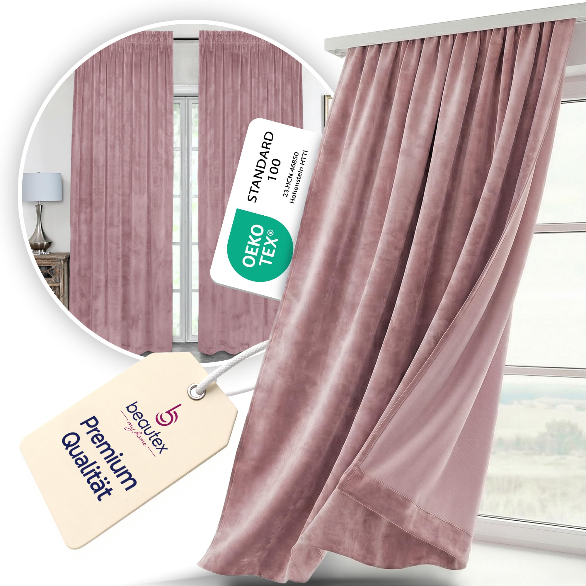 BEAUTEX Samt Vorhang Kräuselband U-Band Gardine Velvet abdunkelnd und Blickdicht, 300x245 cm (Breite 300 cm, Höhe 245 cm, Rosa) | Weicher Velvet-Samt, blickdicht, lichtmindernd, pflegeleicht, viele Farben und Größen