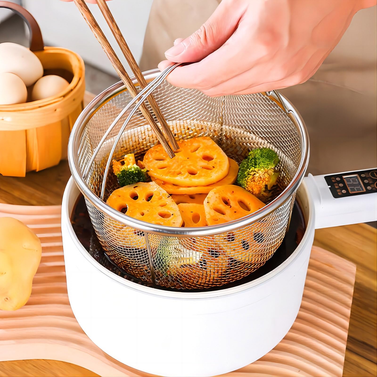 Cesta de malla para vapor, cesta de malla de acero inoxidable e inserto, ollas a presión y ollas, para lavar, freír, cocinar al vapor o frutas, verduras, granos y pastas (2 guantes de silicona gratis)