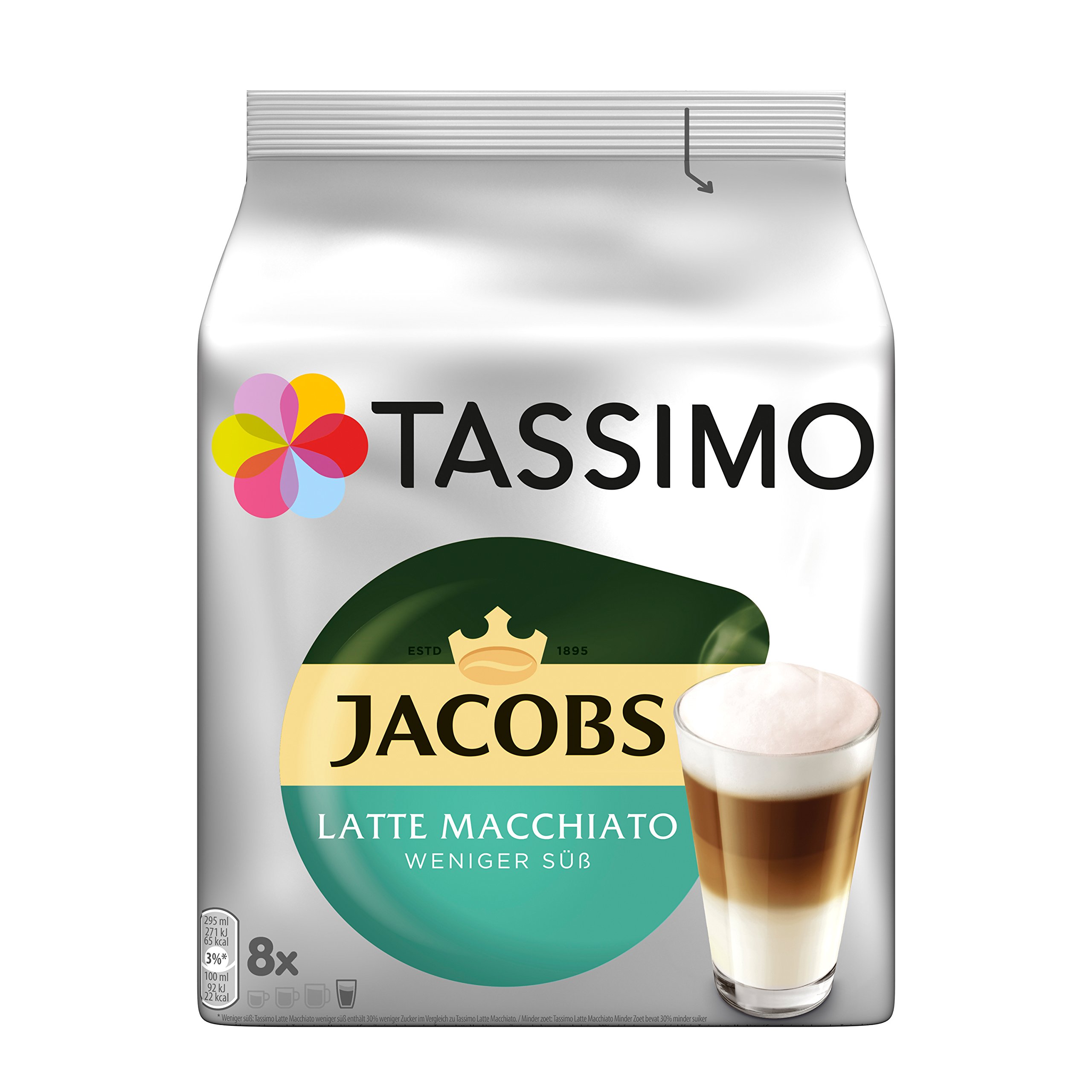 Tassimo Jacobs Latte Macchiato weniger süß, 5er Pack Kaffeespezialität T Discs (5 x 8 Getränke)