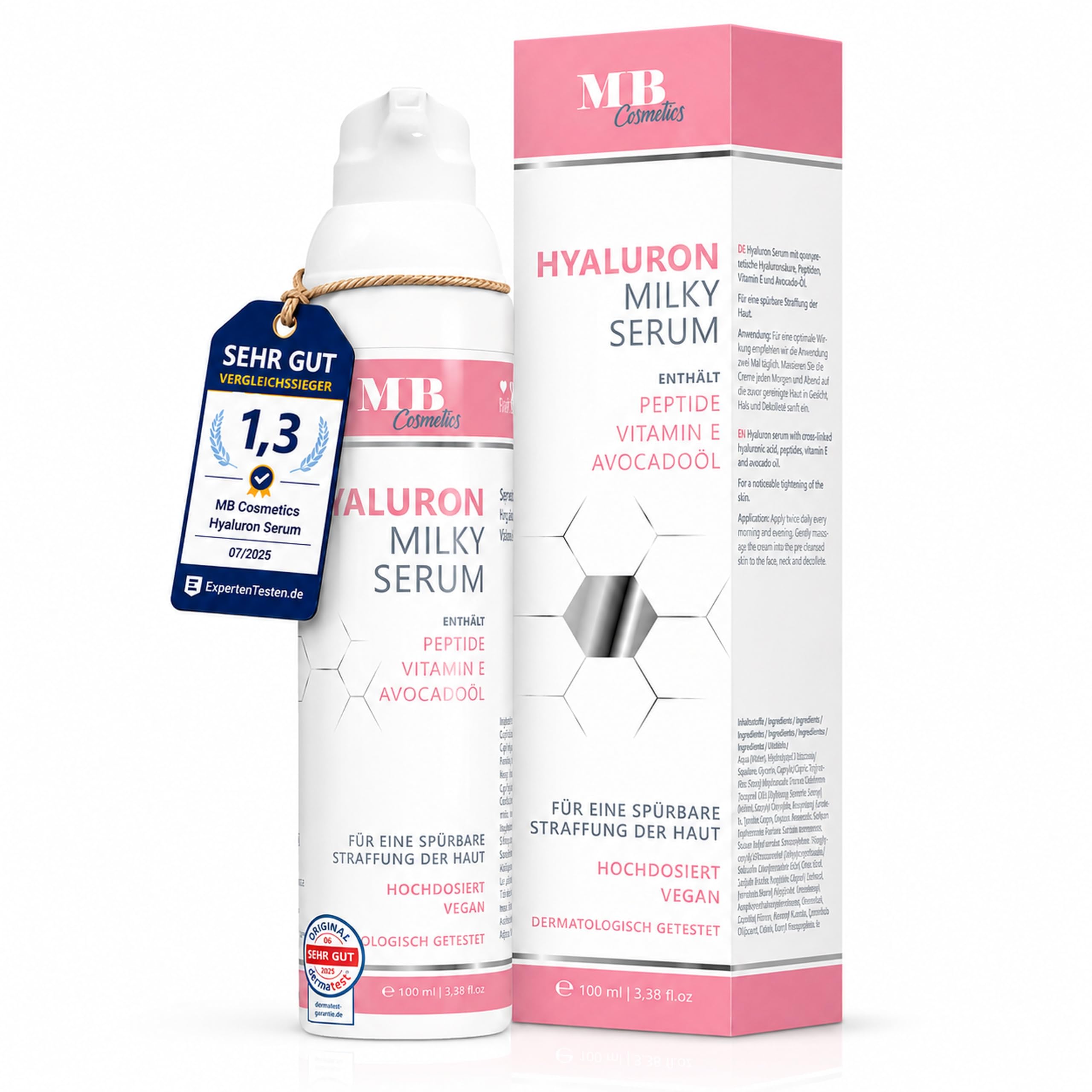 Hyaluron Serum hochdosiert 100ml - mit Anti Aging Booster Avocado-Ol, Peptiden und Vitamin E - vegane Anti-Falten Gesichtscreme für Augen, Hals und Dekollete mit quervernetzter Hyaluronsäure