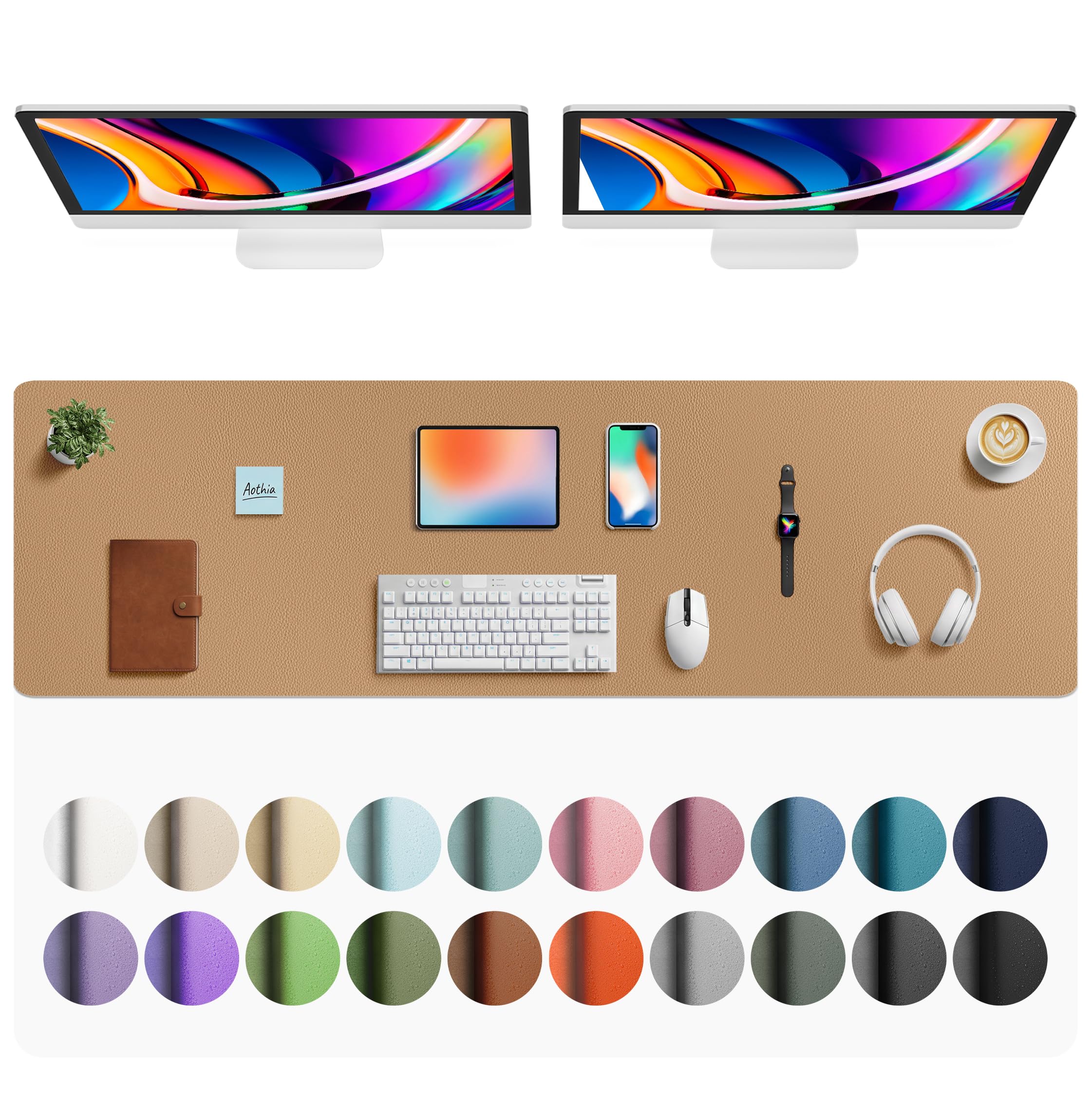 Aothia Faux Leather Desk Mat Mouse Pad, 63" x 17", Khaki