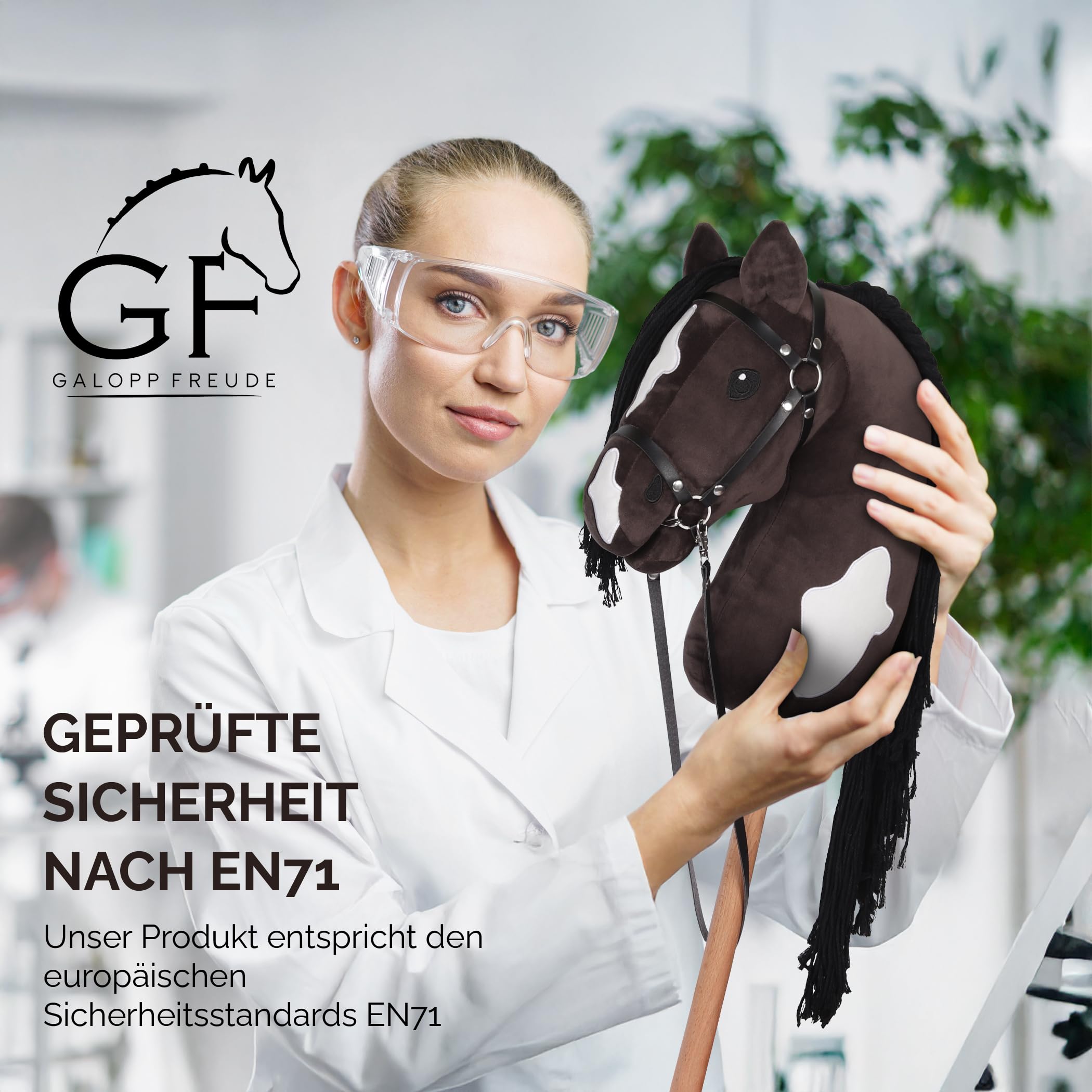 GaloppFreude Hobby Horse Horse - Caballo grande A3 con varilla de tornillo y brida - Caballo para montar a caballo para niños y caballos con crines largos, incluye accesorios para el Hobby Horse