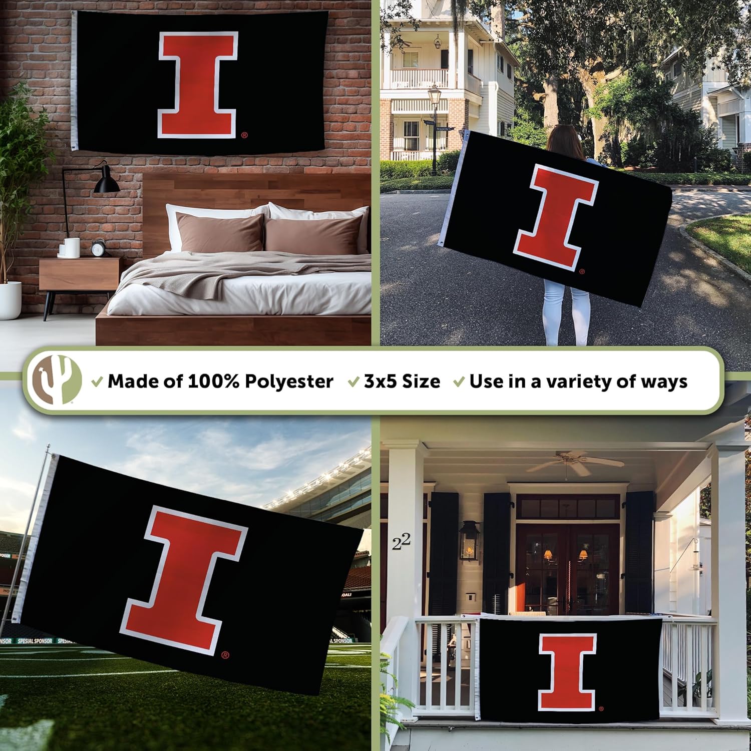 Desert Cactus University of Illinois Flag - 3 x 5 Feet Fighting Illini U of I Banner, Indoor/Outdoor Durable Fabric Display (Style G1) - Image 3