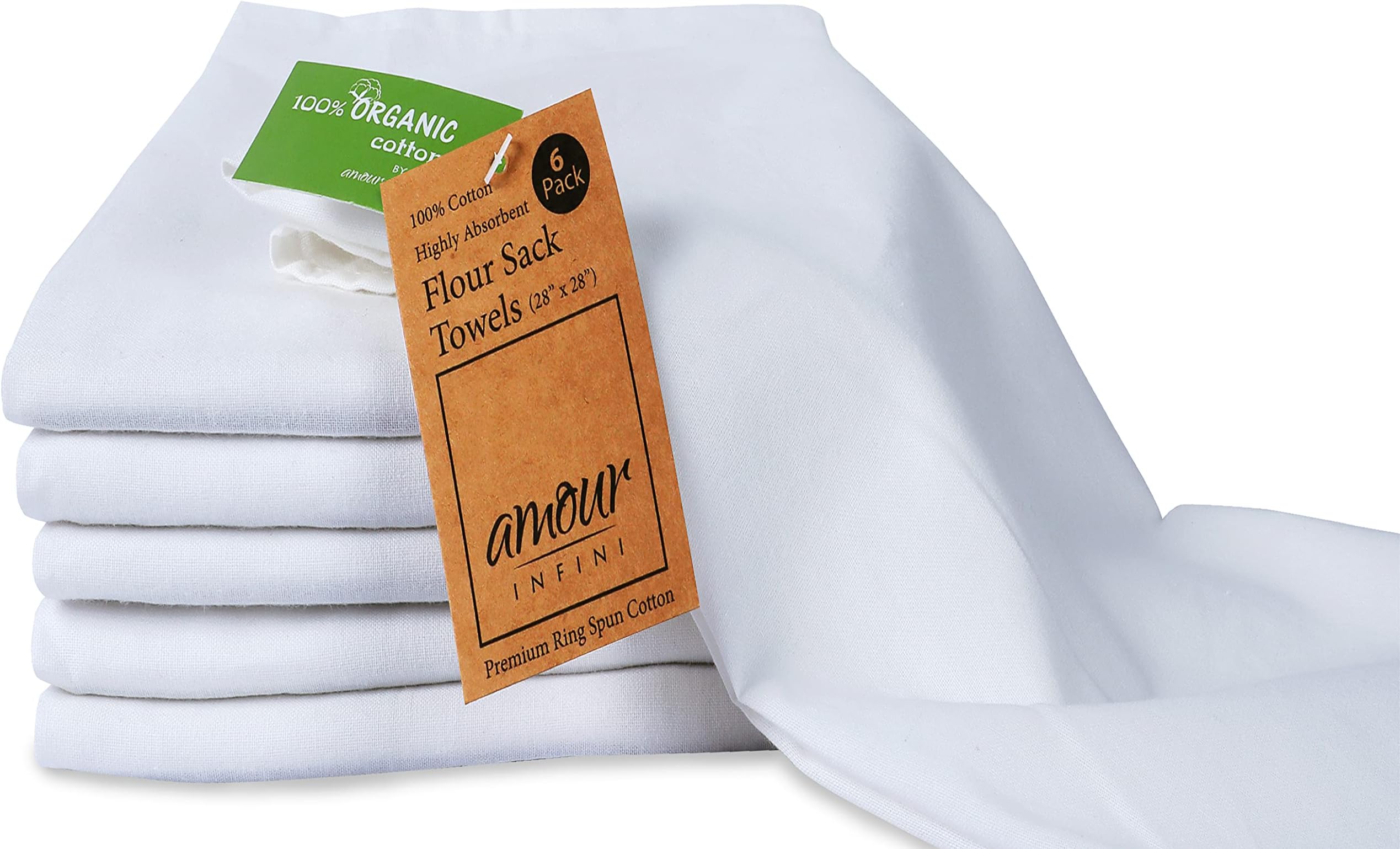 Amour Infini Flour Sack Dish Towels, Set of 6(28 x 28 Inches), Cotton, White, Multi-use Kitchen Towels