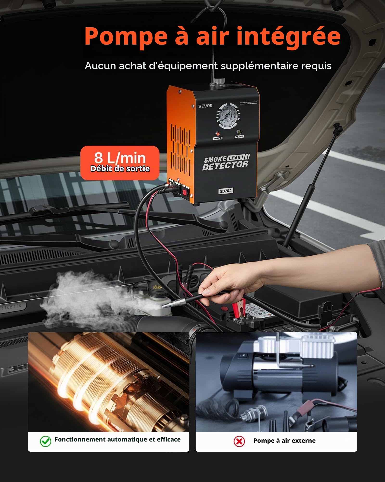 VEVOR Détecteur de Fuite de Fumée 12 V, Machine à Fumée Automobile pour Circuits de Carburant, Testeur de Vide EVAP avec Pompe à Air et Manomètre Intégrés, 2 Modes, pour Voiture, Moto, Camion, Bateau