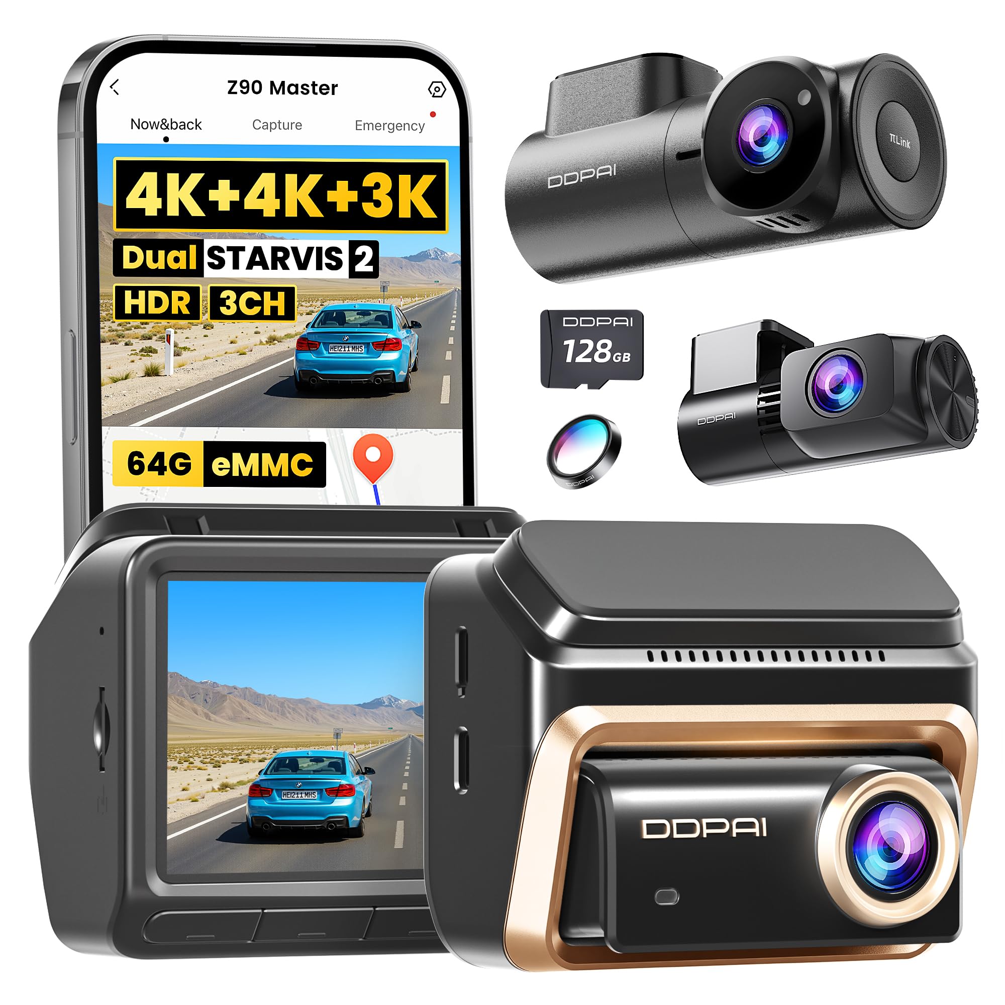 DDPAI Z90 Master 3 Kanal Dashcam Vorne Hinten Innen(4K+4K+3K),Dual STARVIS 2 IMX678 3 HDR Dashcam Auto, 64GB EMMC+128GB Karte Dash Cam, inkl.CPL, Nacht, GPS/ADAS/KI, WLAN, 4G LTE, 24h Parkwache,IPS 3"