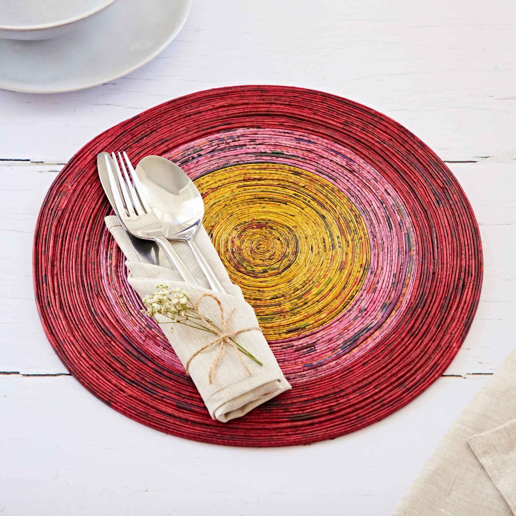 Paper High Men's Red/Pink/Yellow Recycled Newspaper Round Placemats - | Large | Sustainable Placemats | Handmade Colourful Placemats | Fair Trade Gifts For And Wo