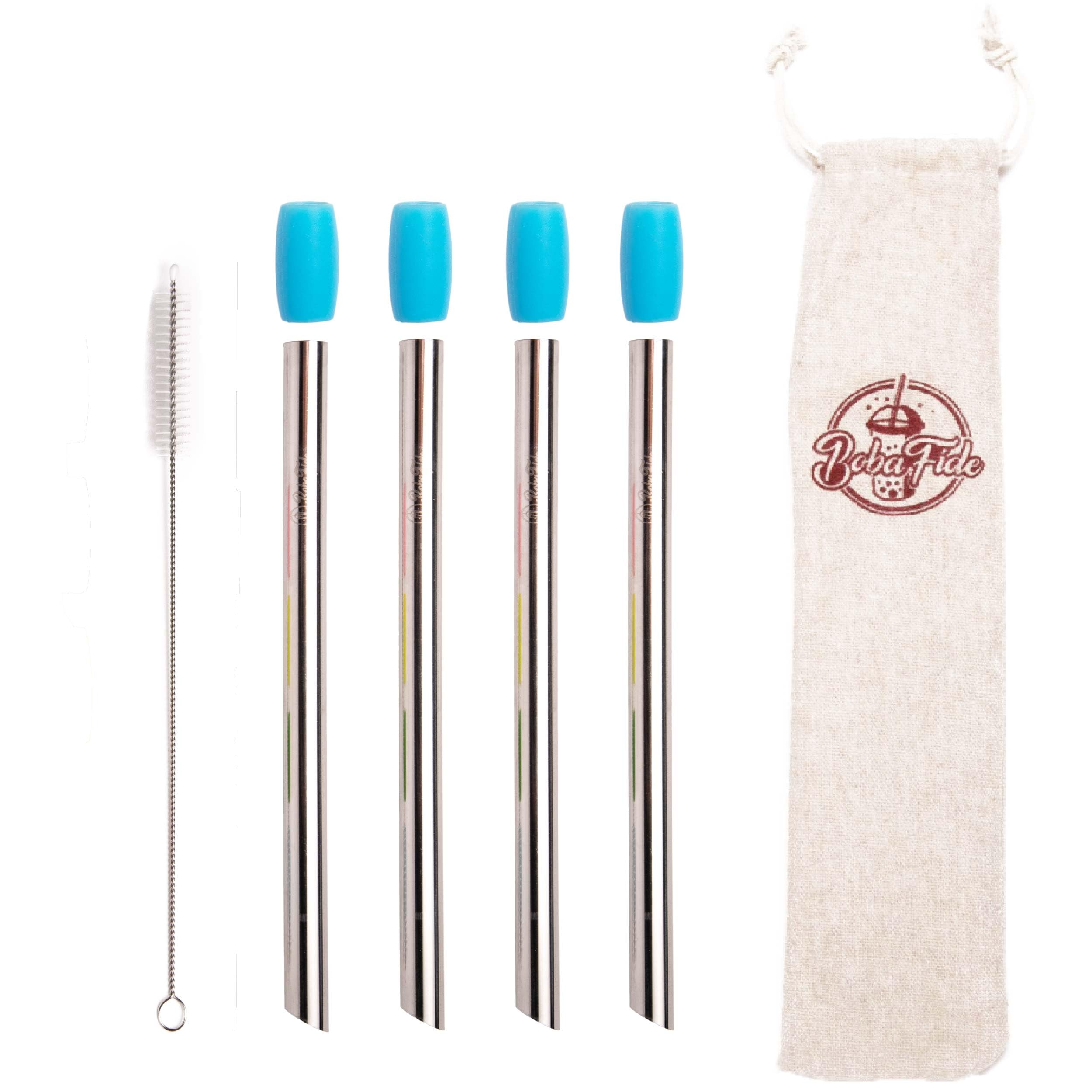 Boba Fide Stainless Steel Reusable Boba Tea Straws - 7.5” Long, Safety Silicone Tips & Cleaning Brush in Travel Case; Angled Tip Extra Wide Bubble Tea Straws for Smoothie & Milkshake too