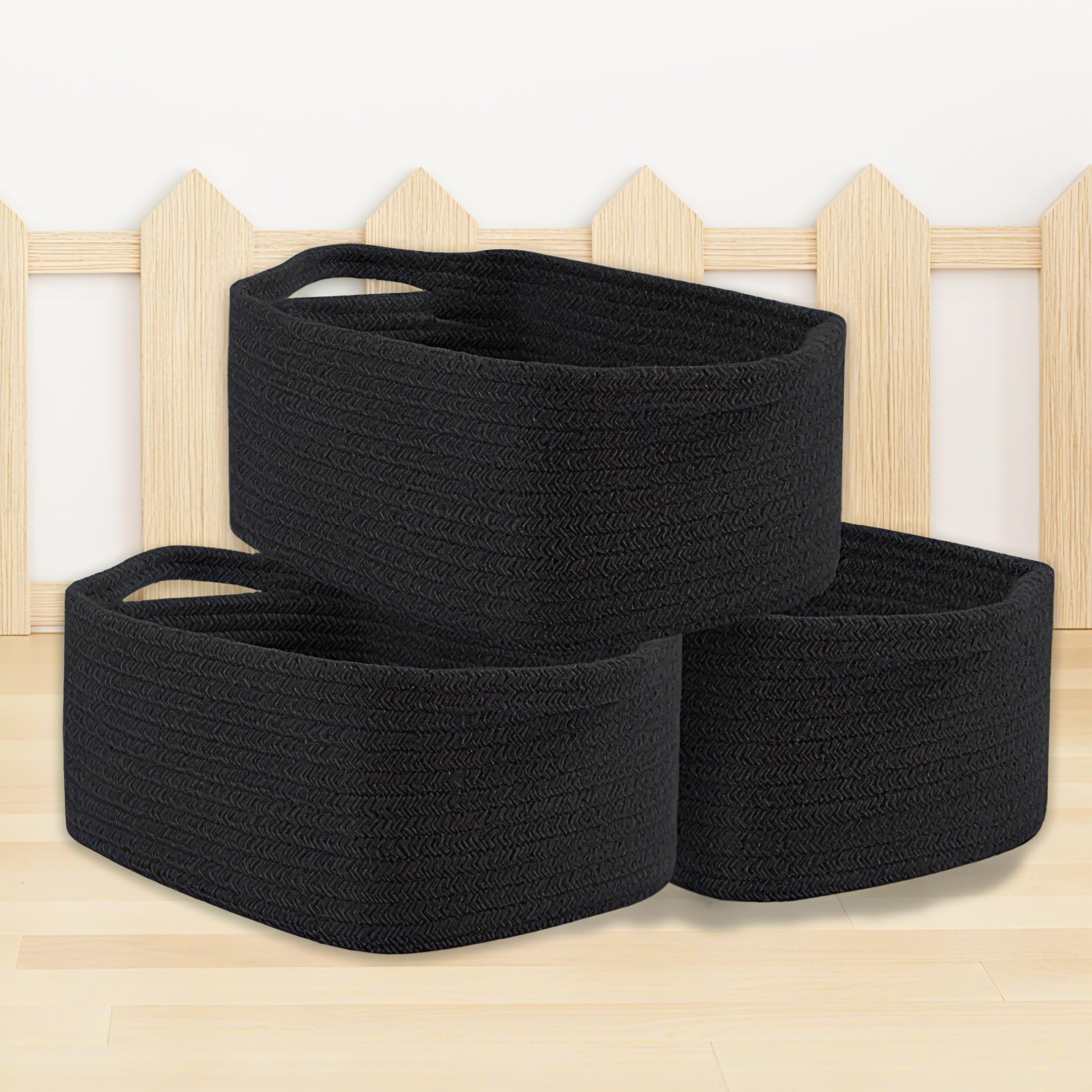Hopelit 3er Set Aufbewahrungskorb Geflochten Baumwollseil, Aufbewahrungskorb Kinder mit Griffen Stapelbare Multifunktionelle Organizer Körb Für Kinderzimmer Wickeltisch Organizer - Schwarz