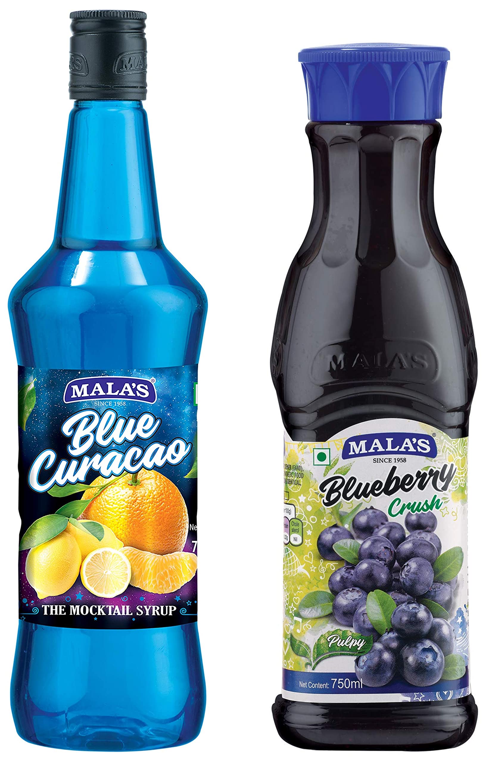 Mala's Fruit Mocktail Syrup, Blue Curacao Mocktail, 750ml & Blue Berry Crush, 750 millilitre