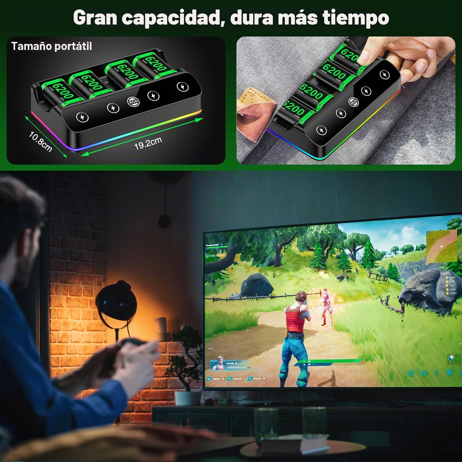 HELLCOOL Paquete de batería para controlador Xbox, batería recargable de 4 x 6200 mWh con base de carga/Cool RGB/cable de carga, cargador para Xbox Series X|S,One/Elite/S|X