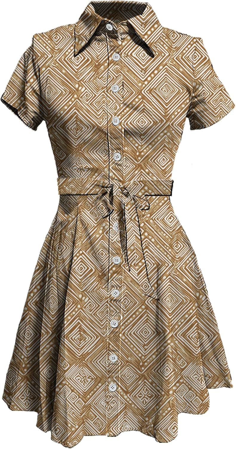 MARSVOVO Vintage Retro Shirt Dress for Women Short Sleeve Button Down Tie Waist Elegant Smocked Knee Length Dress