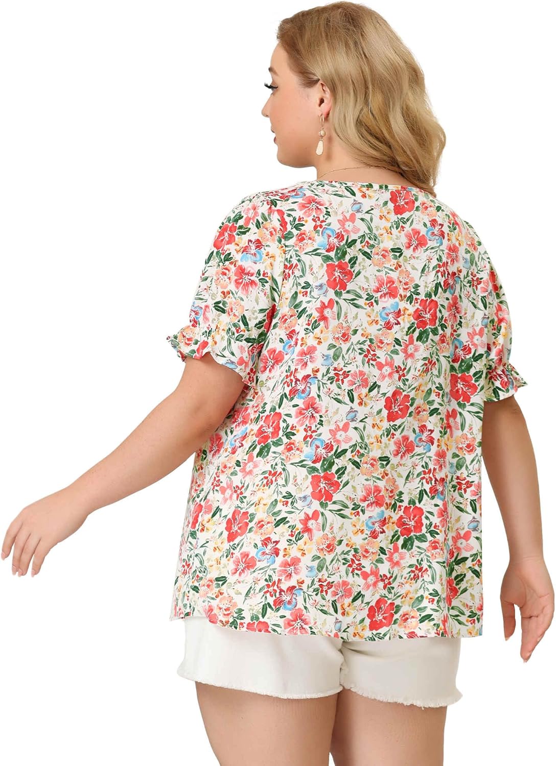 Agnes Orinda Plus Size Floral Tops for Women's V Neck Ruffle Short Sleeve Blouses Chic Summer Tops - Image 5