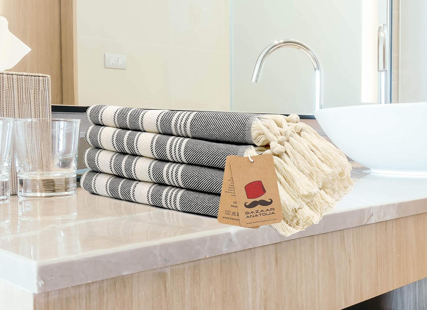 Bazaar Anatolia Hand Towels - Set of 4 | 39" x 19" - Decorative Turkish Hand Towel for Bathroom, 100% Cotton, Kitchen, Face, Hair, Tea, Dishcloth, Bathroom Hand Towels - Stripe Black - Image 8