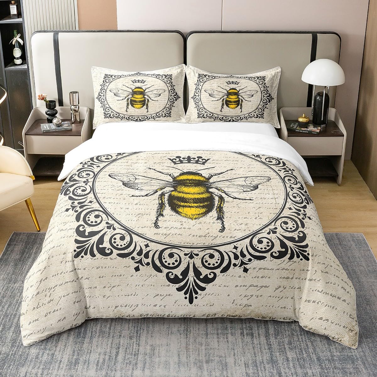 100% Cotton Sweet Honey Bee Bed Sets Cute Kawaii Animal Duvet Cover Retro Vintage Style Bedding Set King 70S 80S Grunge Comforter Cover Old Newspaper Print Quilt Cover Breathable 3Pcs (No Comforter)