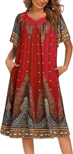 Ekouaer - Camisón de manga corta para mujer con bolsillos, vestido mumu con estampado floral