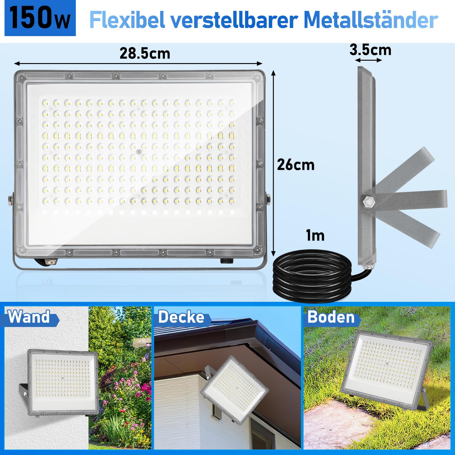 LED Strahler Außen, 4x150W Superhell 14850LM LED Strahler 6000K Kaltweiß, Verstellbarer 180° Halter, IP65 Wasserdicht für Außenbeleuchtung (kein Stecker)