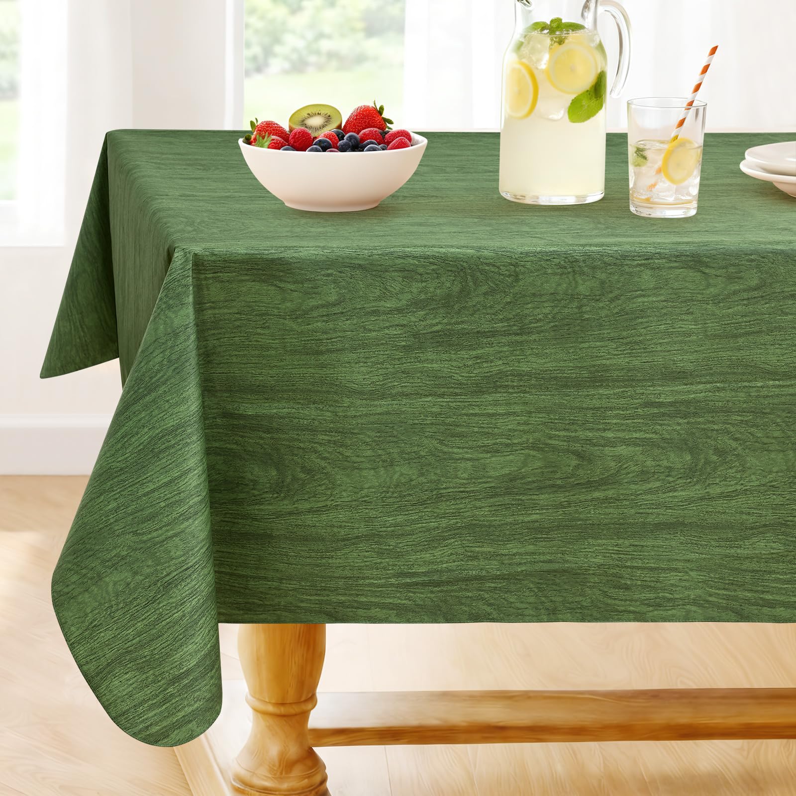 Photo 1 of Smiry Rectangle Table Cloth, Waterproof Vinyl Tablecloths with Flannel Backing, Wipeable Spillproof Plastic Wood Grain Table Cover for Dining, Indoor and Outdoor (Green, 60 "x 84")