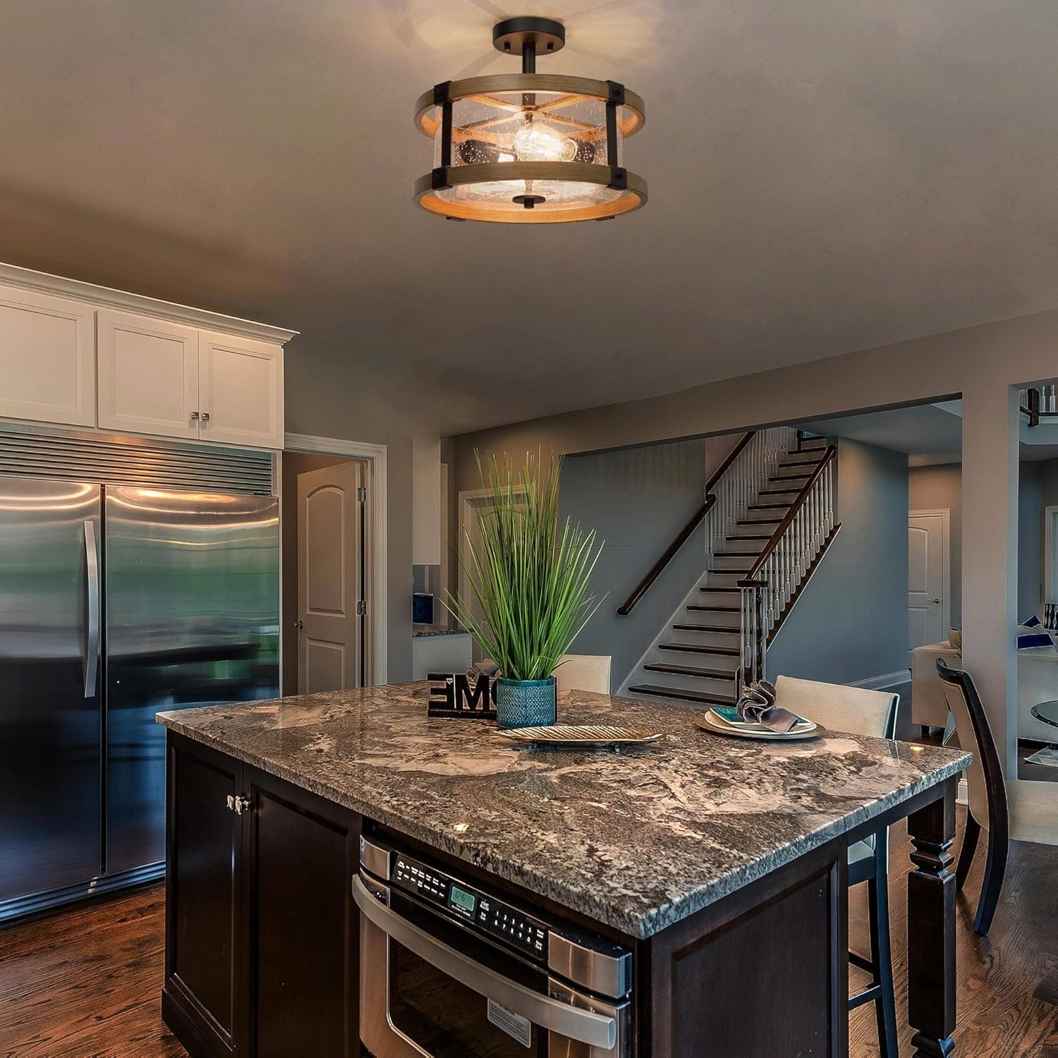 LALUZ Faux Wood Semi Flush Mount Ceiling Light, Farmhouse Close to Ceiling Light Fixture with Seeded Glass Shade for Hallway, Bedroom, Kitchen, Foyer and Dining Room(15.4”* 15.4”* 11”)