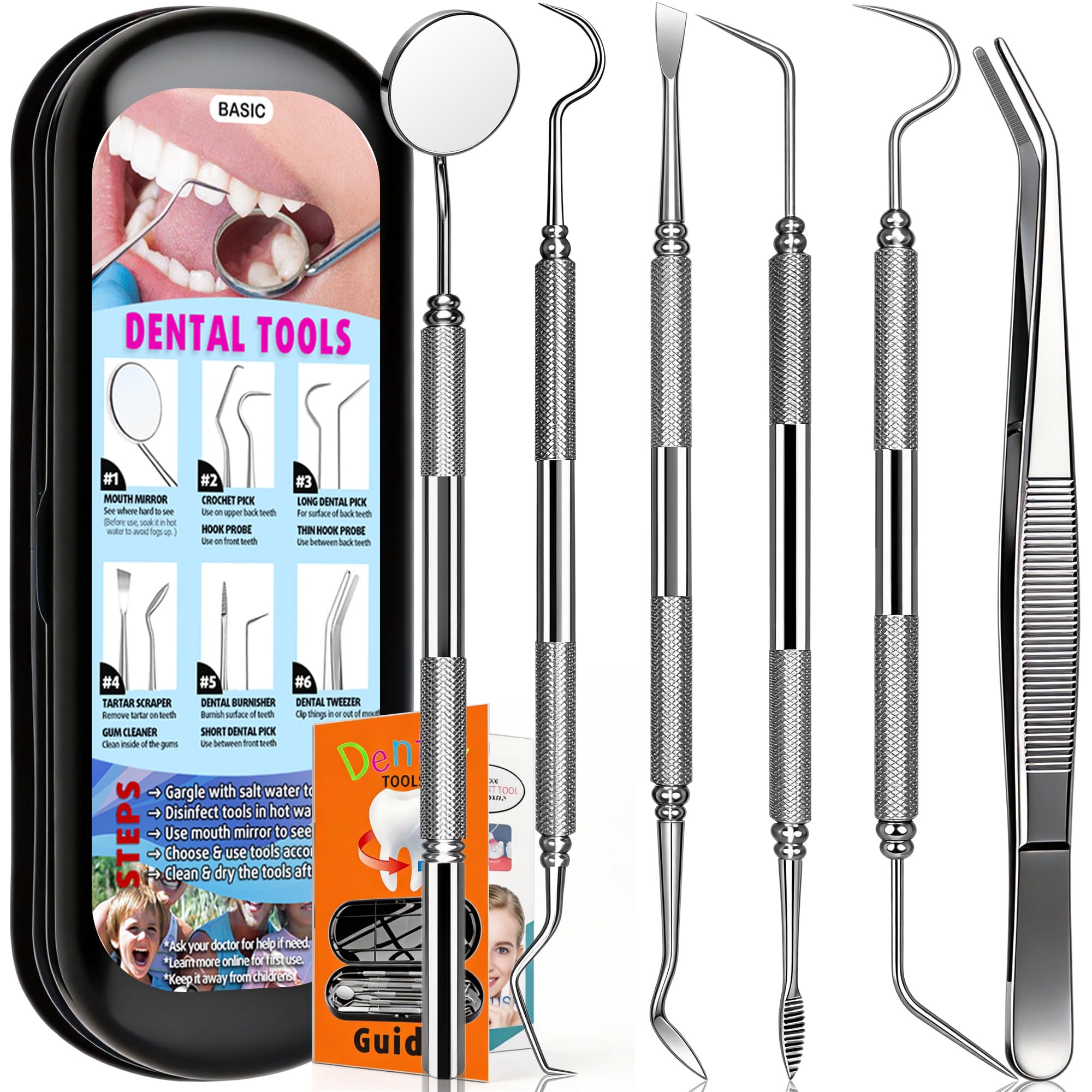 Dental Tools Plaque Remover Teeth Cleaning Tools Kit 6 Pcs Dental Care Kit Stainless Steel Dental Pick Tartar Remover Tool for Home/Travel/Pet Care-Storage Case Included