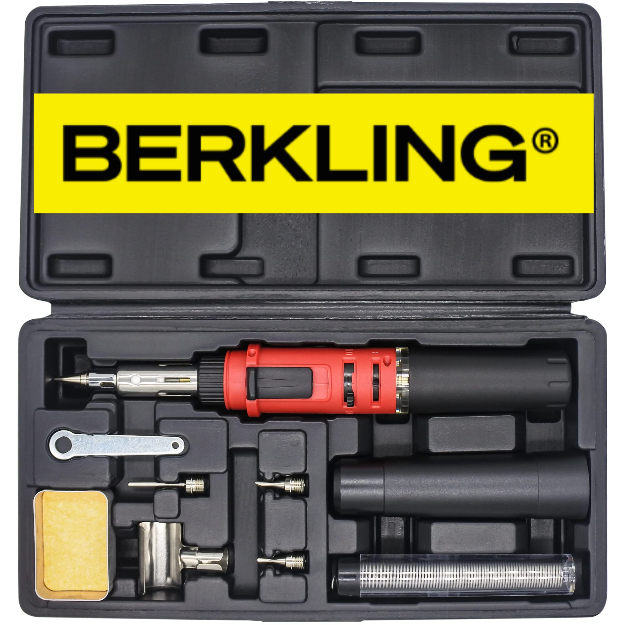 Berkling BSG-568 Butane Soldering Iron Kit - Self-Ignite, Instant Start, Portable Cordless Welding Micro Solder Torch Heat Gun Includes 5 Tips, 15g 60/40 Rosin Core Solder Wire, Mini Wrench, Sponge