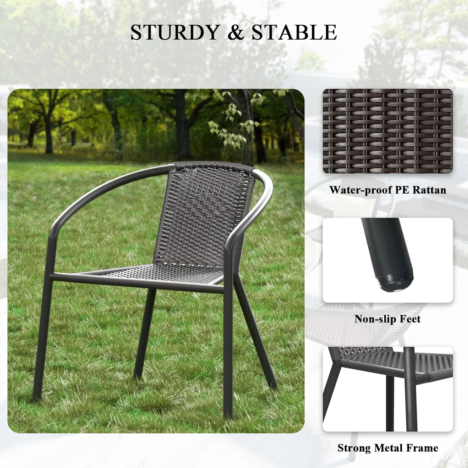 Outdoor Chairs Stackable - Set of 4 Indoor Outdoor Dining Rattan Chairs Curved Back, All Weather Bistro Patio Chairs, Grey
