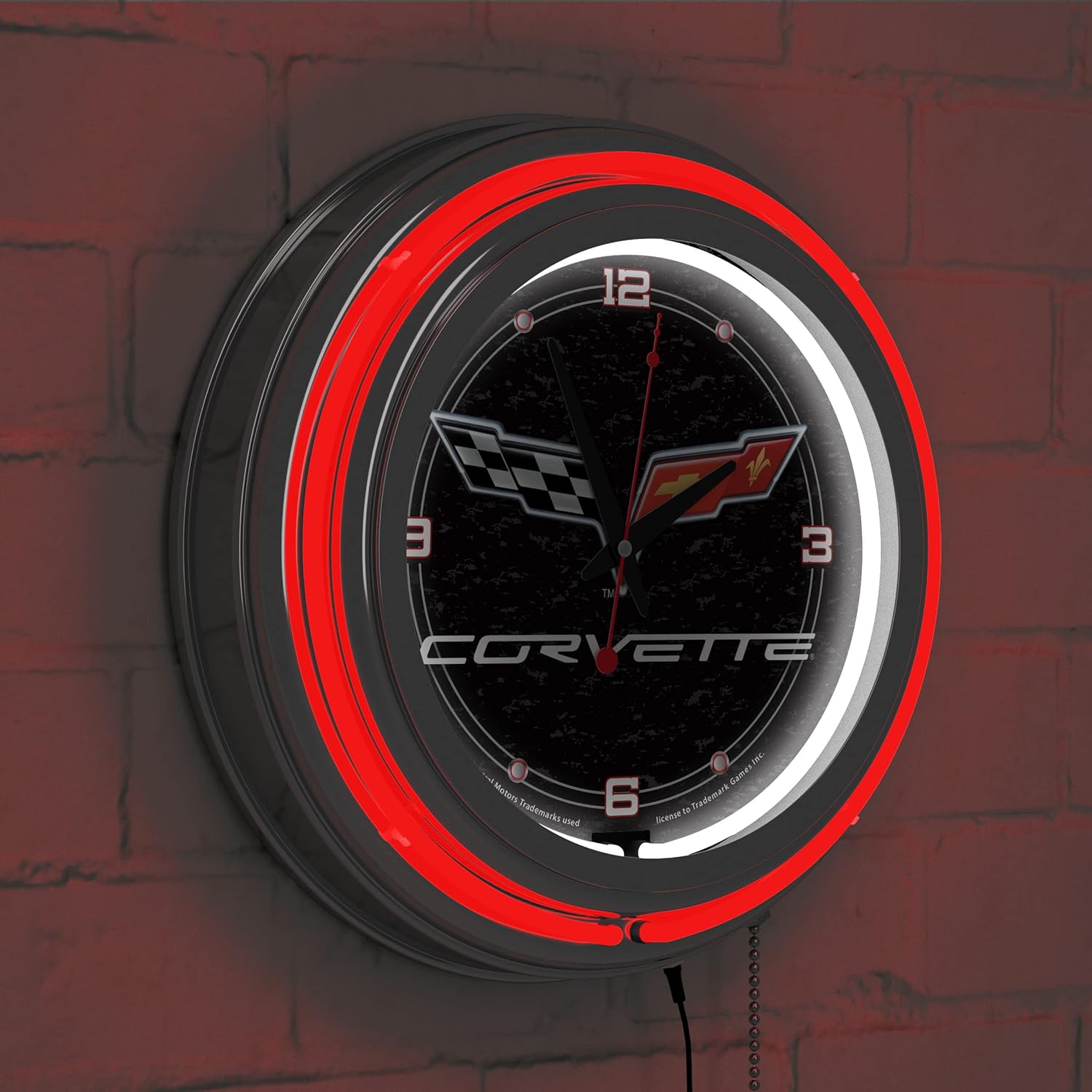 Neon Clock - Retro Corvette C6 Black Analog Wall Clock with Pull Chain - for Kitchen, Garage, Game Room, or Home Bar by Trademark Gameroom