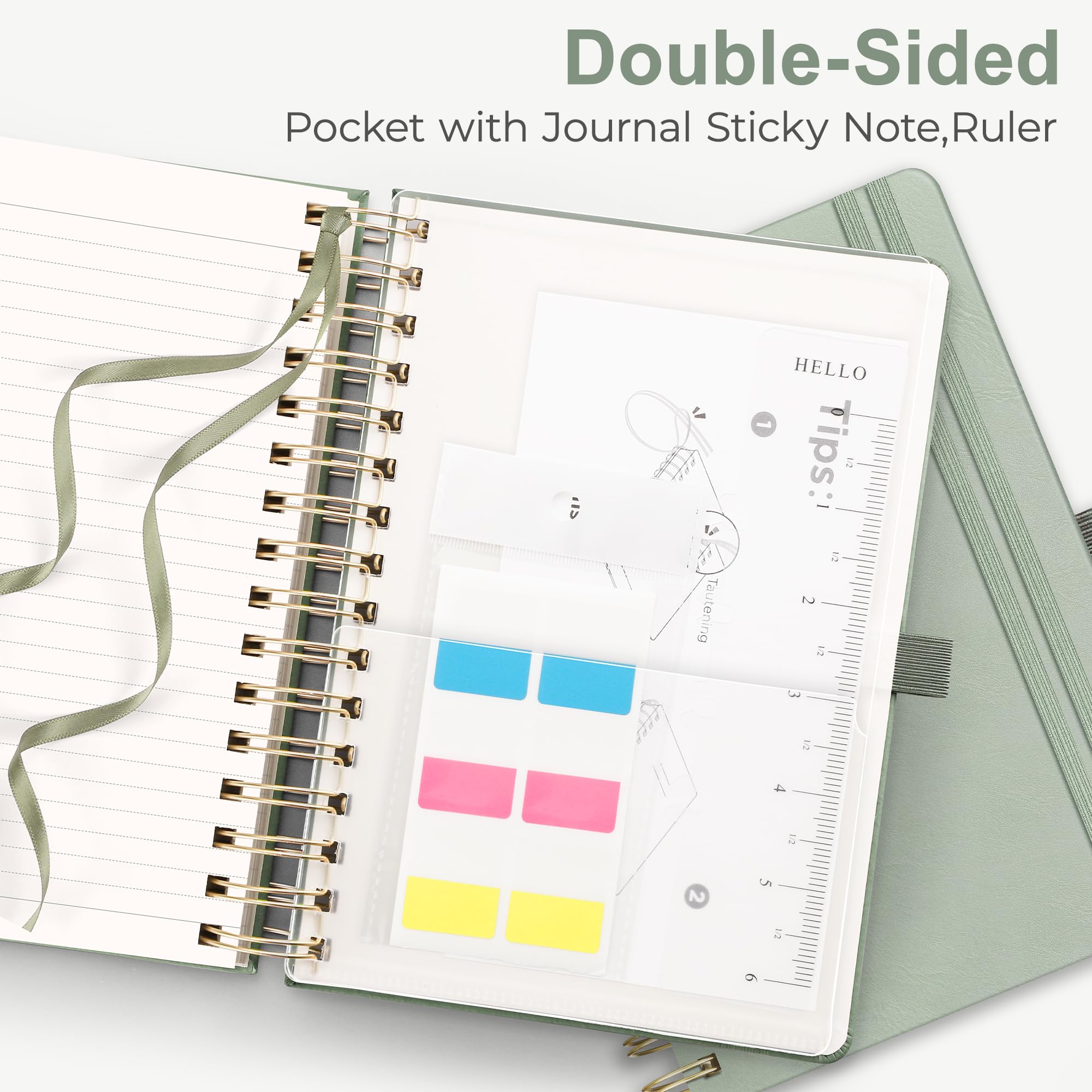 RETTACY A5 Notebook-Spiral Bound Notebook Journal for Men,Lined 300 Pages Hardback Leather Note Pad with 100gsm Thick Paper for Writing,Inner Pocket,Sticky Notes,14.5 x 20.7cm -LightGreen - Image 4