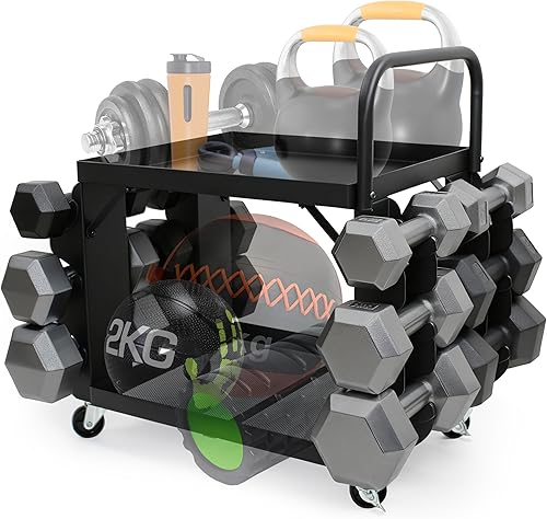 Miniatura 2 de Carrito de almacenamiento de gimnasio en casa todo en uno con ruedas y asa, estante de peso ajustable de 2 niveles para mancuernas, pesas rusas,