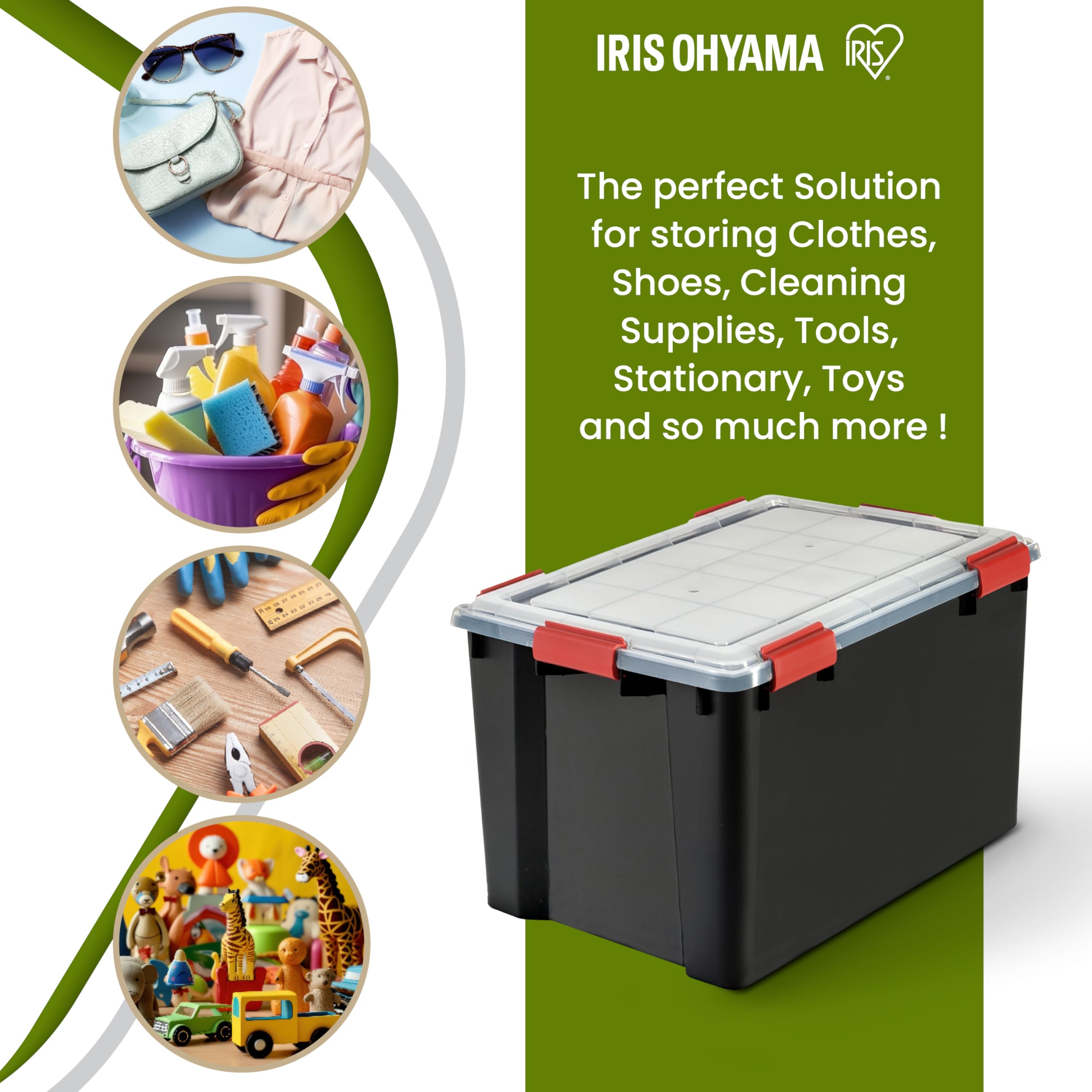 Iris Ohyama, Scatola di Raccoglimento Ermetica in Plastica, 70L, Per Unità, Nero, Giunto Stagno, Clip di Chiusura, Impilabile, per Esterno, Garage, Abbigliamento, No Polvere, Senza BPA, WSB-70