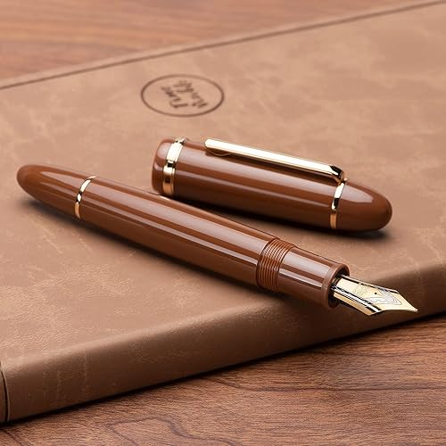 Miniatura 8 de Jinhao X159 - Pluma estilográfica de acrílico marrón, tamaño 8, punta media, borde dorado, diseño clásico, bolígrafo de escritura suave con