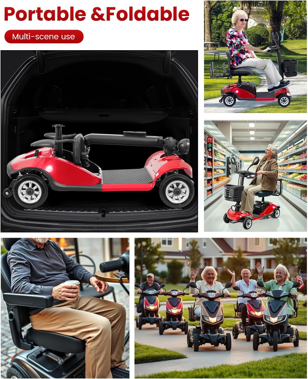 4 Wheel Compact Mobility Scooter for Seniors and Adults,Foldable Electric Scooter, Heavy Duty Travel Model with Lights, Basket, and Long-Lasting Battery208 red
