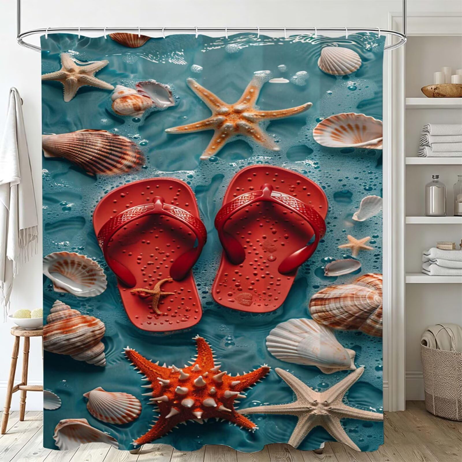 Turquoise Rideau Douche 150x200cm Polyester Lavable en Machine Imperméable Rideaux de Douche étoile mer avec œillets et 12 Crochets, Ourlet Lesté, pour Salle de Bain Domicile Baignoire Cabine J-761