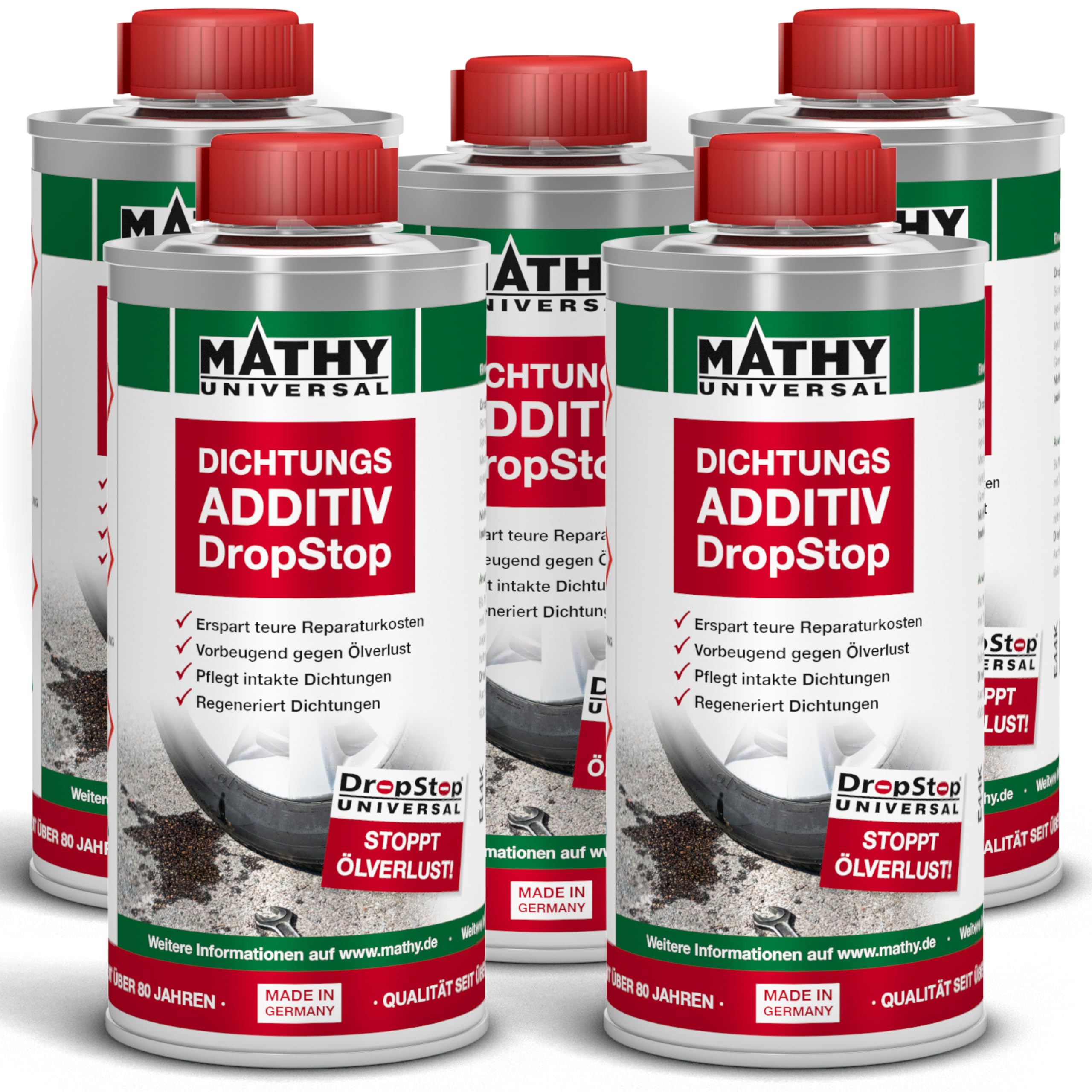 MATHY-DropStop Dichtungs-Additiv (5 x 250 ml) - Öl-Additiv stoppt Ölverlust im Motor, Getriebe, Hinterachsen & Servolenkungen - regeneriert Dichtungen