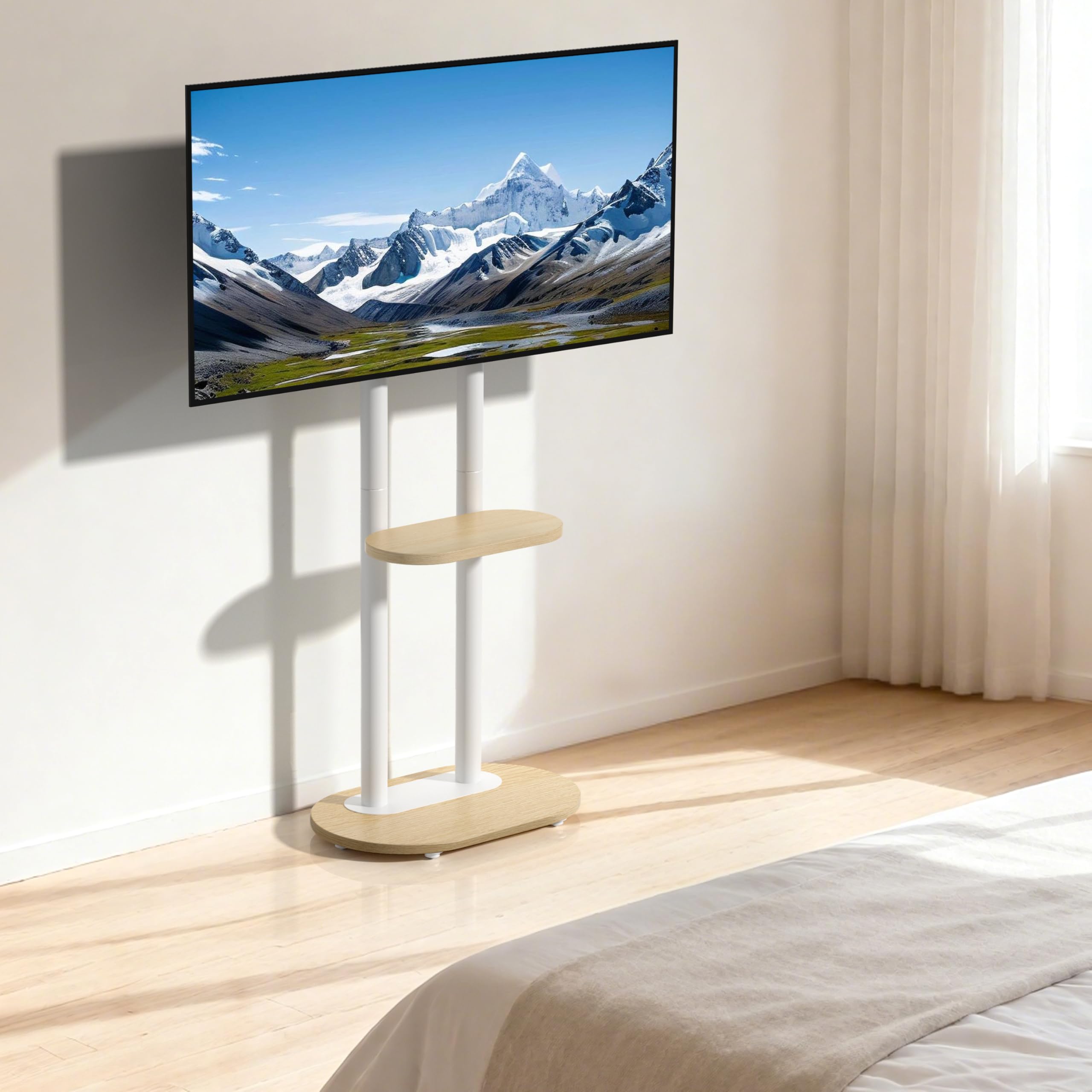 UNHO Supporto TV da Pavimento con Ruote Nascoste per 40-75 Pollici Bianco | Porta TV con Ruote, Peso Max 60kg, Max VESA 600x400mm, Legno Ripiano, Regolabile in Altezza, Doppia Colonna Stabile