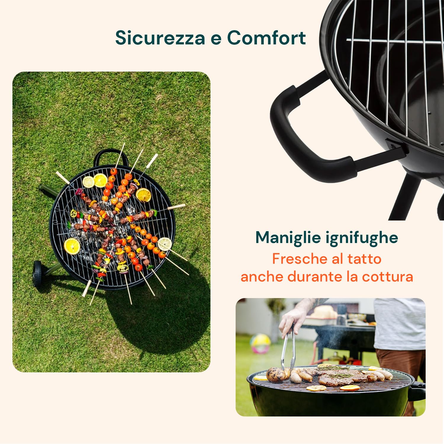 Avilia Barbecue a Carbonella in Acciaio 65x55.5x86.5 cm, BBQ con Coperchio Ermetico, Ruote e Maniglie Ignifughe, Griglia Circolare 43 cm e Vassoio Raccogli Cenere – Ideale per Grigliate all’Aperto