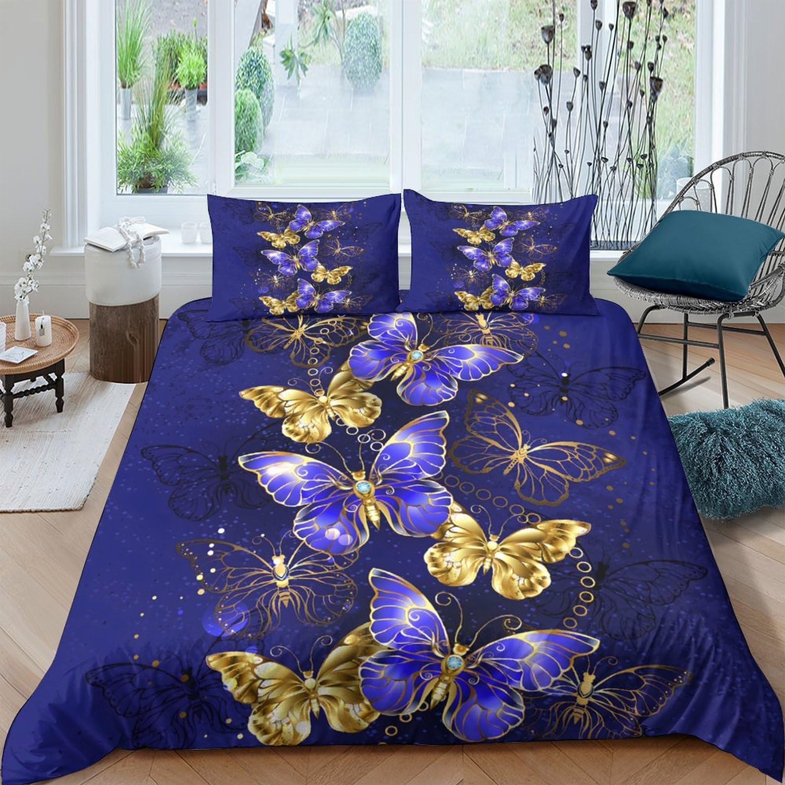 TUFRTGYHN 3D Printed Blue Gold Butterfly Duvet Cover Microfiber Soft Breathable Sparkle Quilt Cover Set with 2 Pillowcases for Bedroom Decor Single（135x200cm）