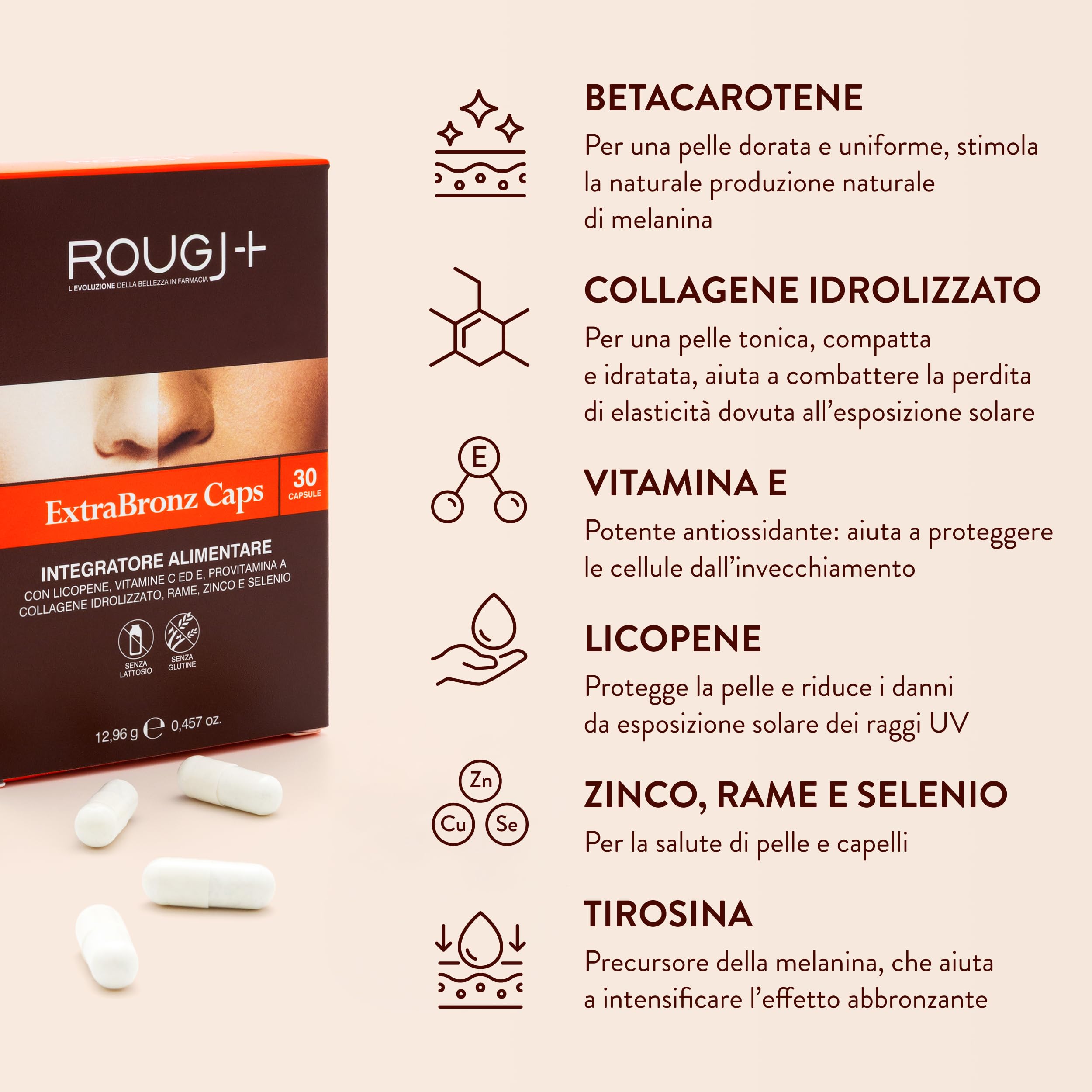 Rougj Capsule Betacarotene per Abbronzatura Forte - Integratori per Abbronzatura con Vitamina A - Integratore Abbronzatura 90 Capsule, una al Giorno ExtraBronz Caps - Made in Italy