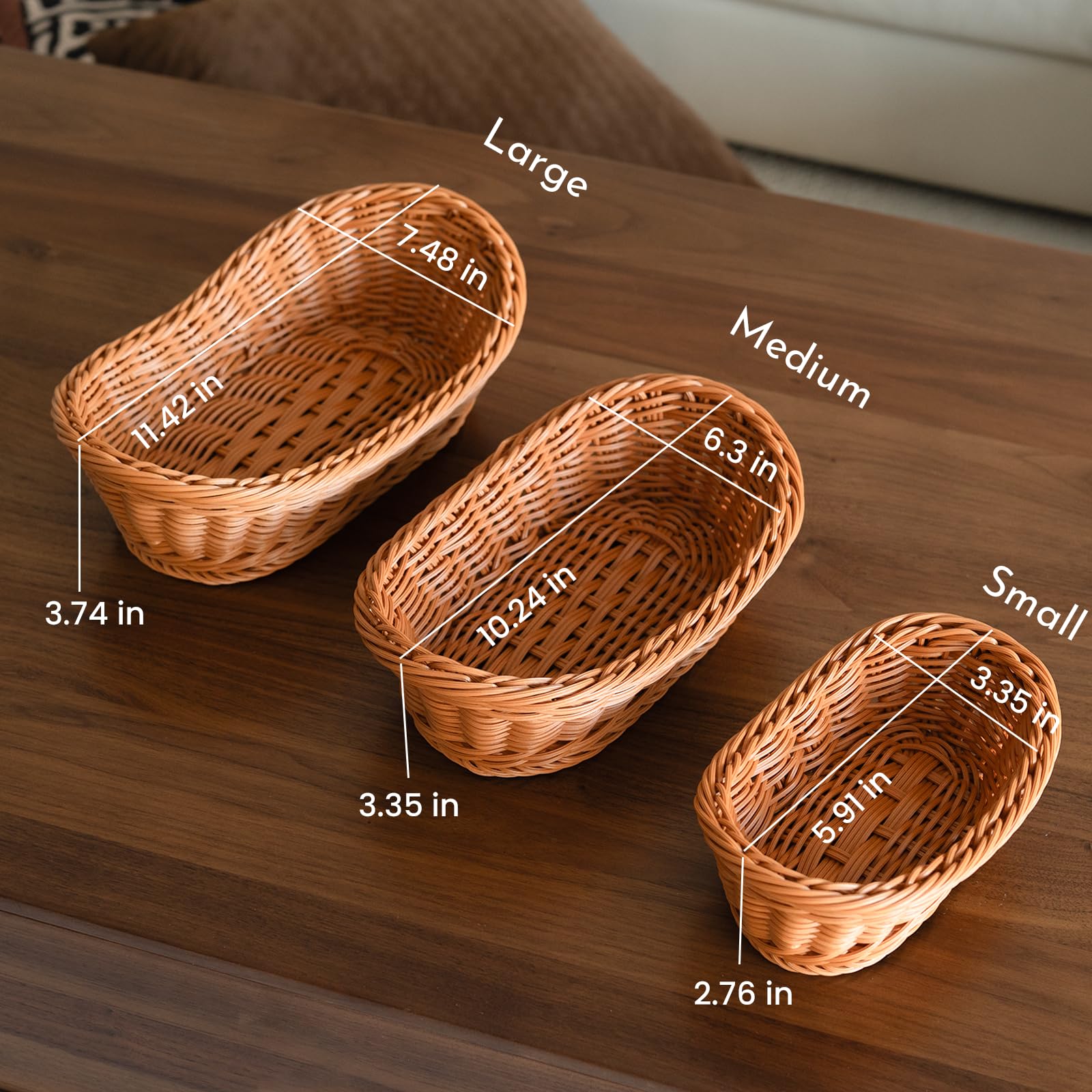 LiveGlow 3 Pack Wicker Bread Basket,Small Bread basket,Handwoven Basket for Sevring Fruits,Vegetable,Candy,Imitation Rattan Baskets,for kitchen,bathroom,Brown,3 Size