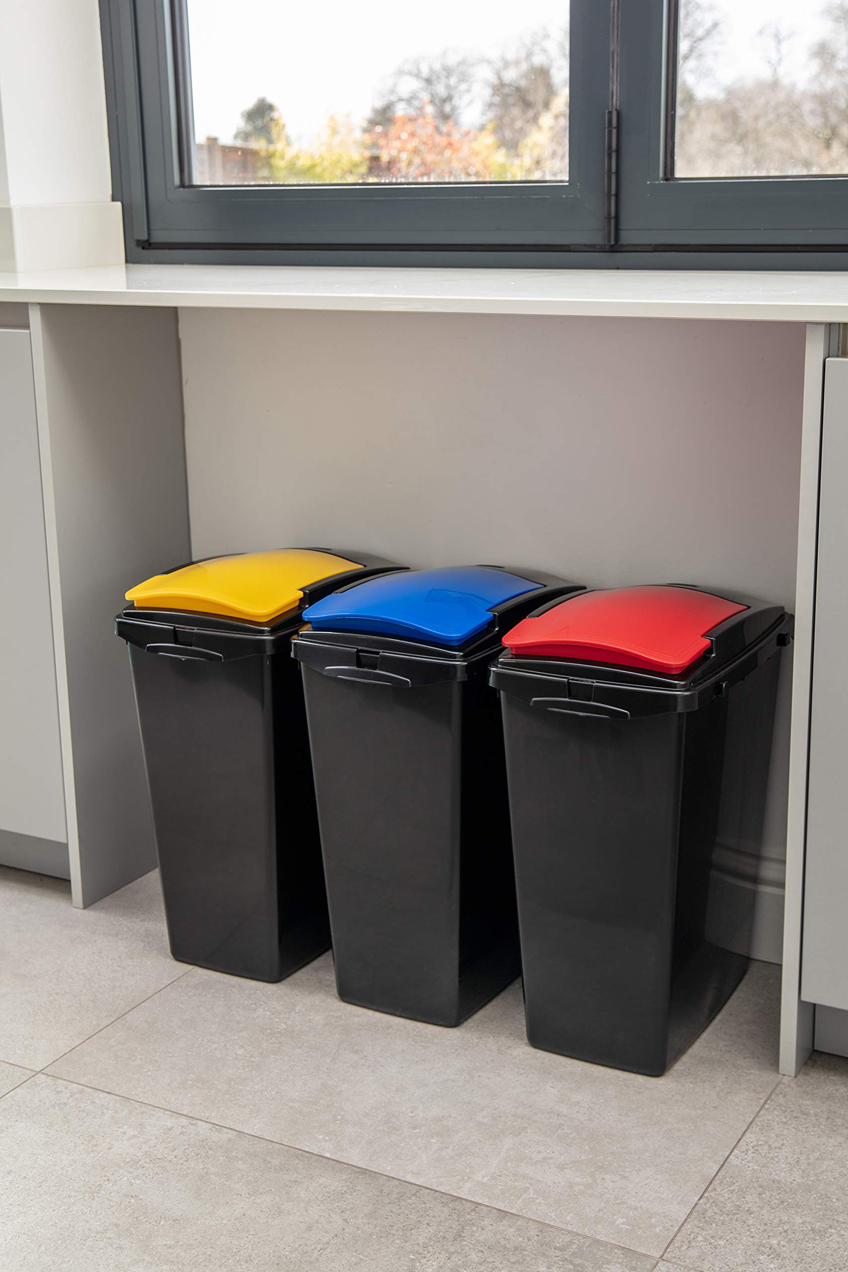 Addis Recycling 40 Litre Set of 3 Waste Utility Plastic Bins Interlocking Clips, Lift, Red