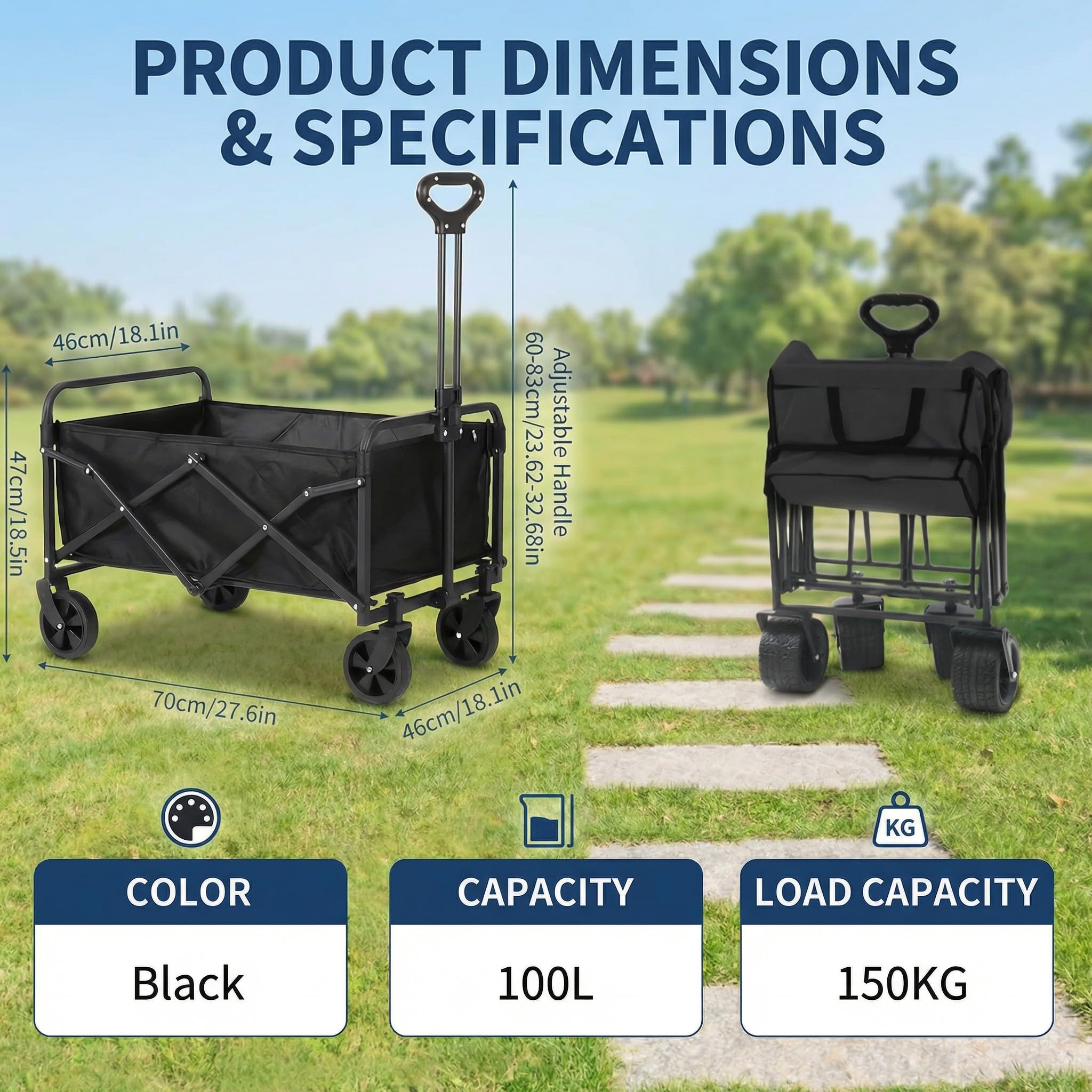 Carrello pieghevole da 100L, con ruote silenziose, 150 kg, per giardino, campeggio, shopping e picnic, pieghevole, con ruote stabili