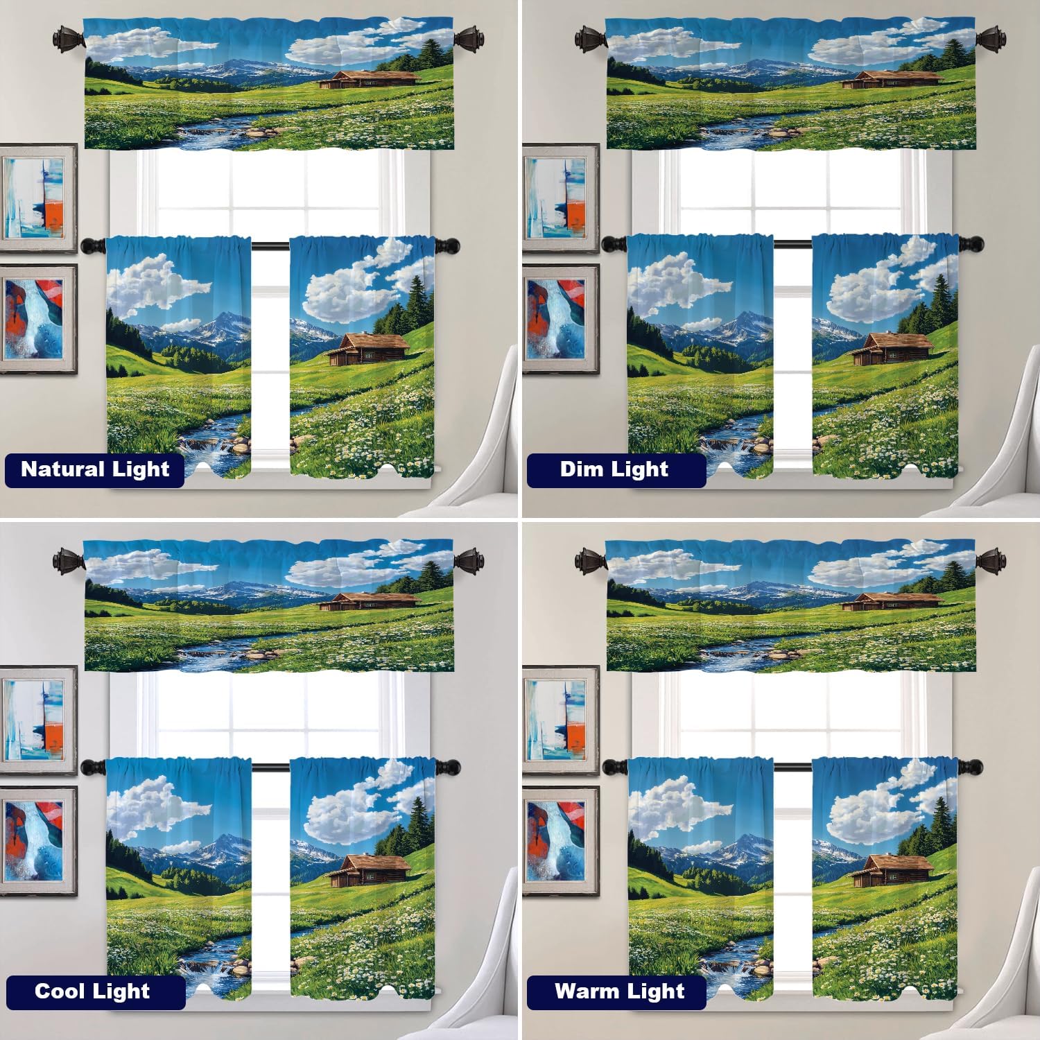 Batmerry Serene Environment Alpine Ry Tier Curtains, Meadow Flowers Wooden Structure Cafe Curtain Short Kitchen Drapes Small Valance for Bathroom, 2 Pack 36X26 Inches