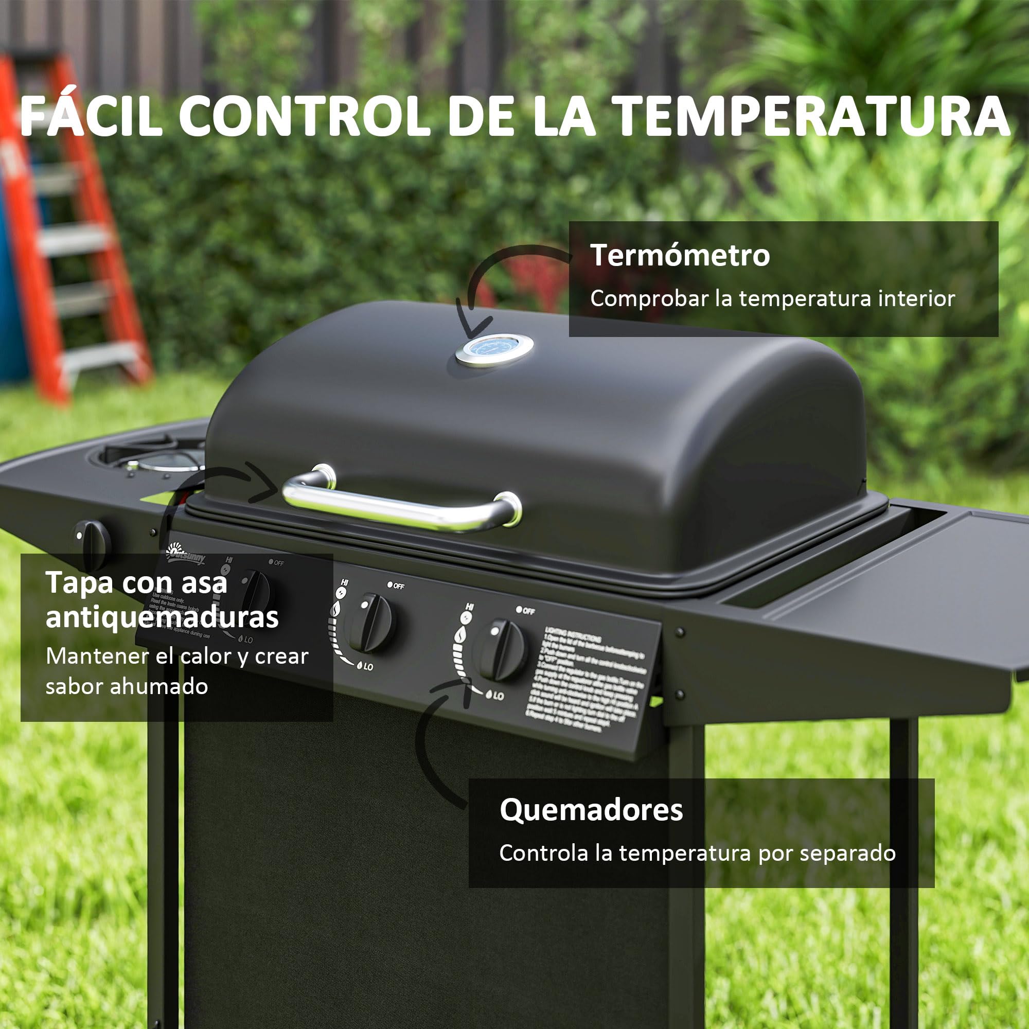 Outsunny Barbacoa de Gas BBQ Gas con 3+1 Quemadores 9,5 kW Barbacoa Portátil con Termómetro Mesa Lateral Estante Especiero Parrilla Recogedor de Grasa 2 Ruedas para Jardín Exterior Camping Negro