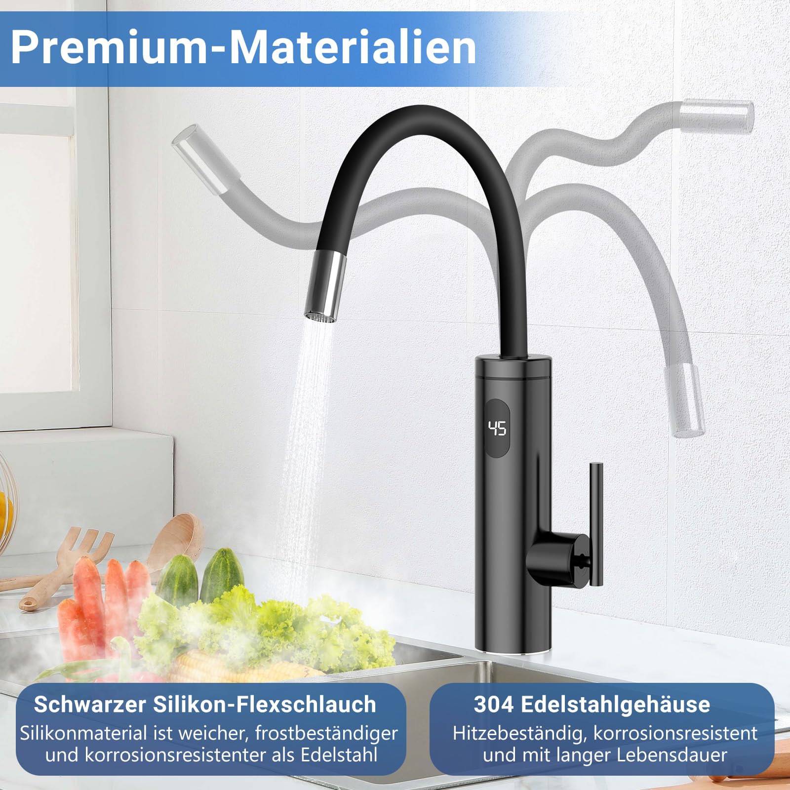 Robinet avec Chauffe-eau Instantané, 3300W Acier Inoxydable Mitigeur électrique avec Chauffe-eau Intégré avec 40cm Tuyau d'alimentation en Eau, 360° Flexible Rotatif, LED Température, Noir