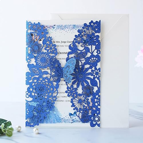 Miniatura 4 de Hosmsua 50 invitaciones de quinceañera de mariposa azul rey y sobre de 5.12 x 7.3 pulgadas, corte láser, flora de encaje, invitación de quinceañera