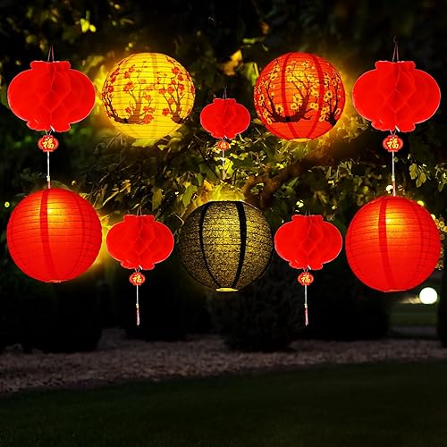 Miniatura 5 de Tuanse 30 linternas LED chinas japonesas decorativas, incluye faroles de papel de flores de cerezo, linternas chinas rojas y luces LED para festival